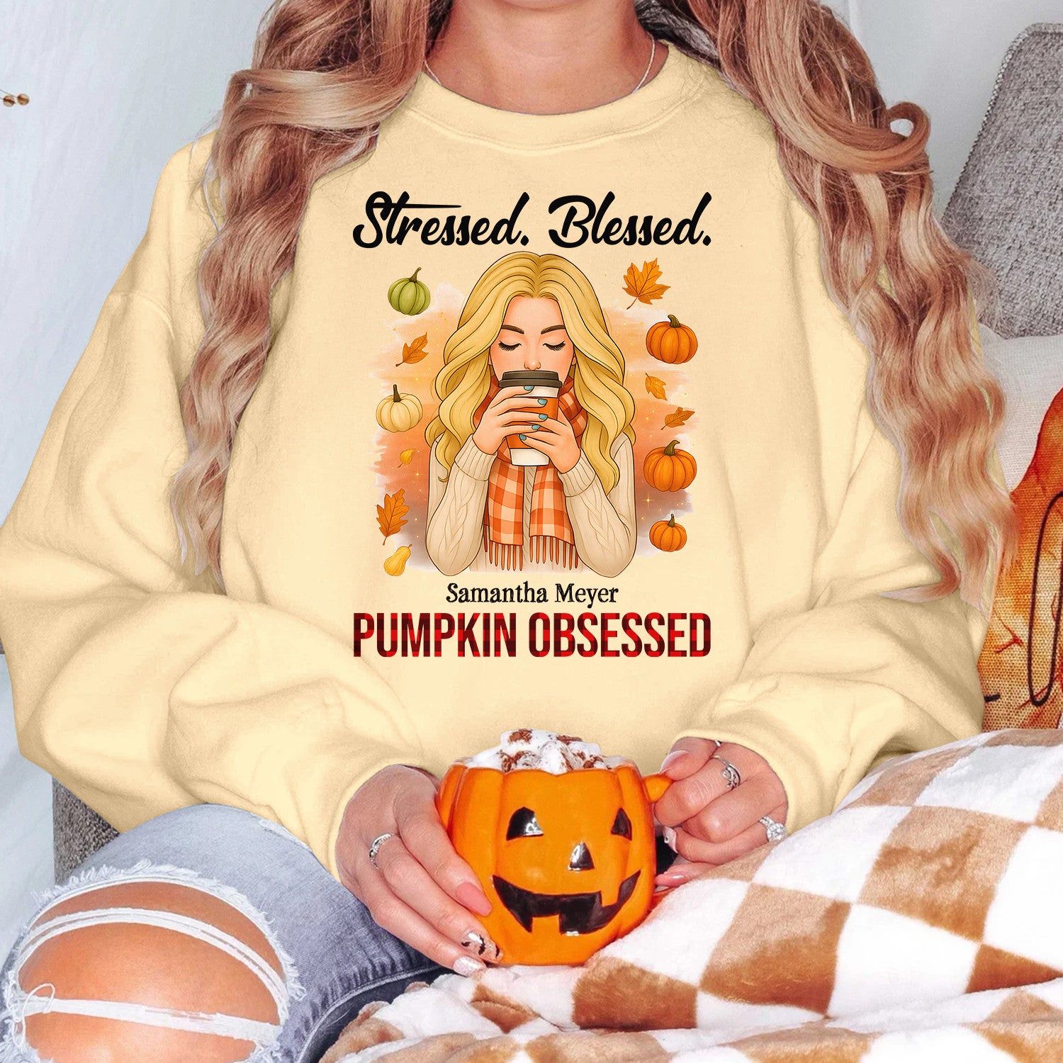 Bikergod Stressed Blessed Custom Name Sweatshirt 2D Sizes S - 5XL Funny Pumpkin Girl Sweater, Spooky Shirt, Happy Halloween Shirt, Halloween Sweatshirt Gift for Nana Women Girl Pumpkin Season LN100725SW21