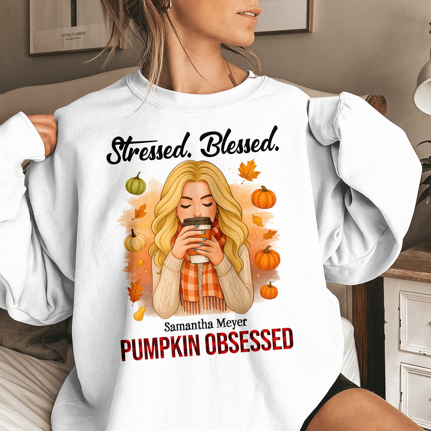 Bikergod Stressed Blessed Custom Name Sweatshirt 2D Sizes S - 5XL Funny Pumpkin Girl Sweater, Spooky Shirt, Happy Halloween Shirt, Halloween Sweatshirt Gift for Nana Women Girl Pumpkin Season LN100725SW21