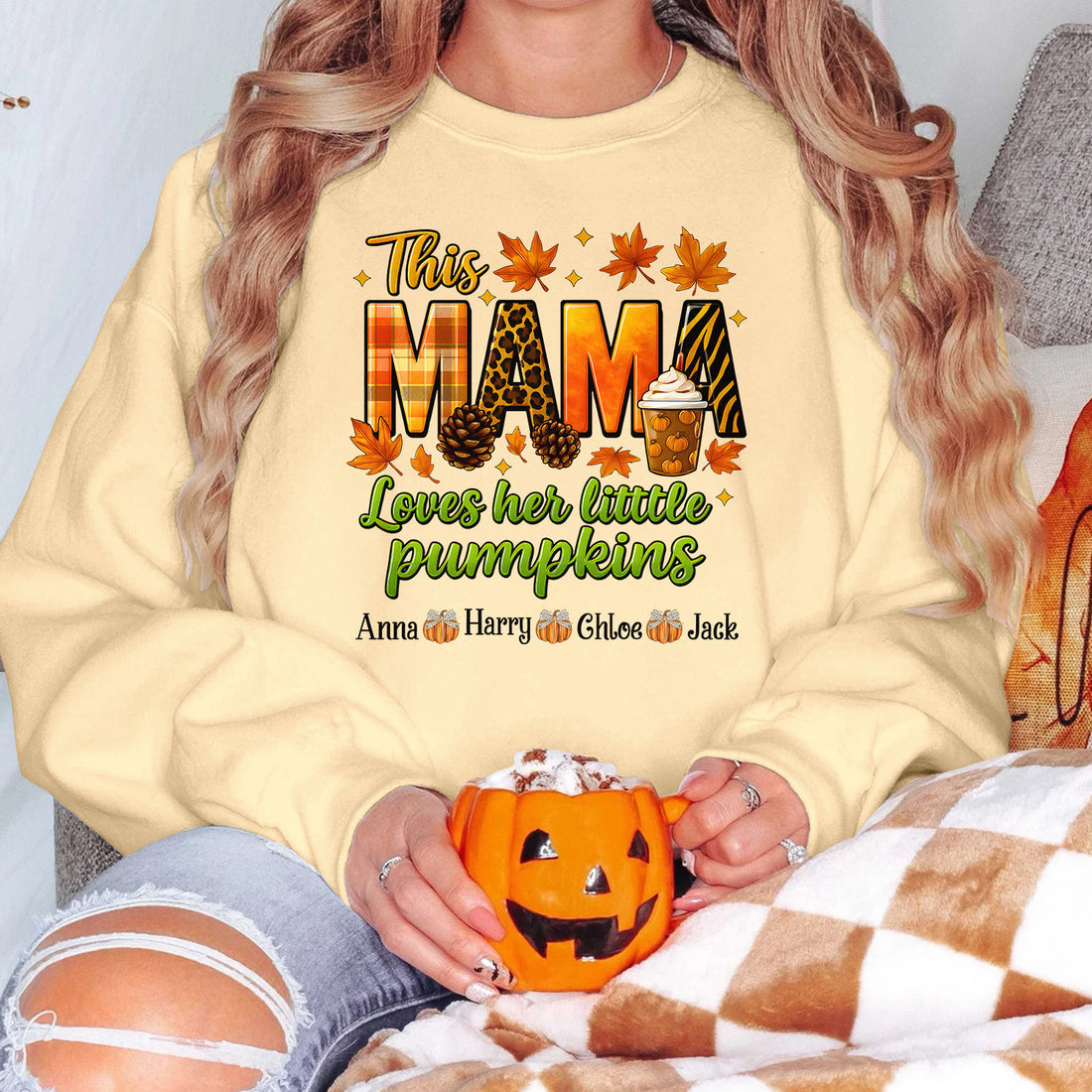 Bikergod This Mama Loves Her Pumpkin Custom Name Sweatshirt 2D Sizes S - 5XL Funny Pumpkin Girl Sweater, Spooky Shirt, Happy Halloween Shirt, Halloween Sweatshirt Gift for Nana Mimi Women Pumpkin Season LN100725SW22