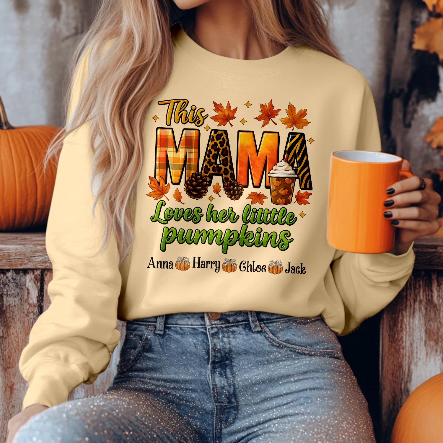 Bikergod This Mama Loves Her Pumpkin Custom Name Sweatshirt 2D Sizes S - 5XL Funny Pumpkin Girl Sweater, Spooky Shirt, Happy Halloween Shirt, Halloween Sweatshirt Gift for Nana Mimi Women Pumpkin Season LN100725SW22