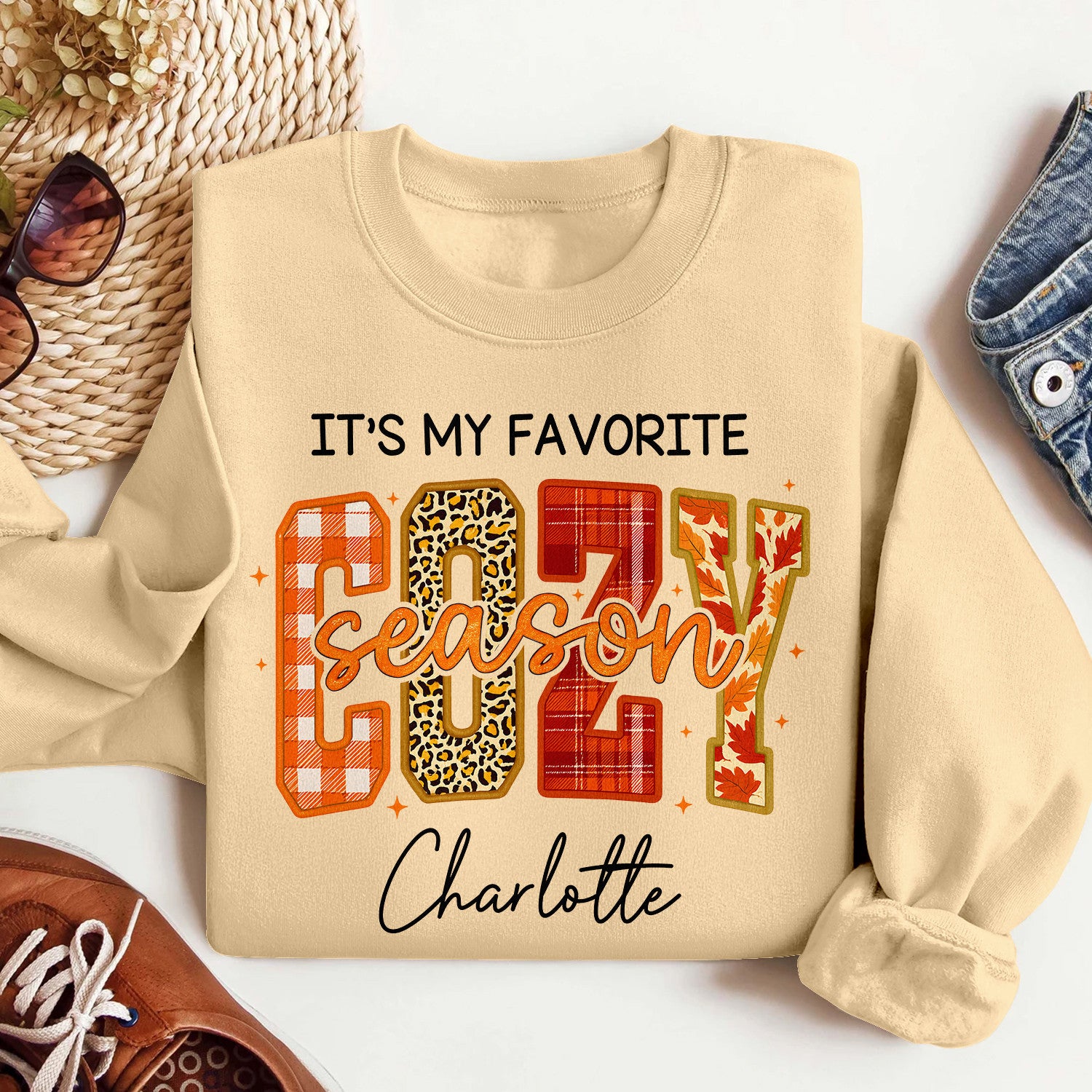 Bikergod It's My Favorite Cozy Season Custom Name Sweatshirt 2D Sizes S - 5XL Funny Pumpkin Girl Sweater, Spooky Shirt, Happy Halloween Shirt, Halloween Sweatshirt Gift for Women Pumpkin Season LN100725SW23