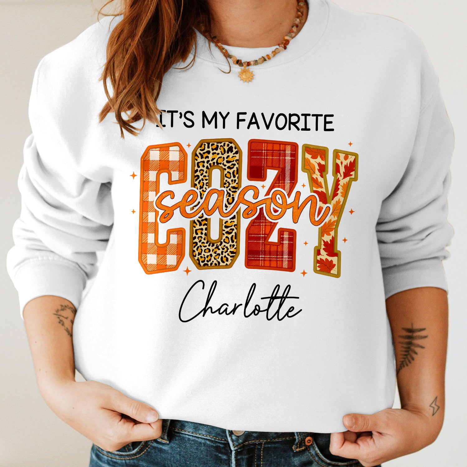 Bikergod It's My Favorite Cozy Season Custom Name Sweatshirt 2D Sizes S - 5XL Funny Pumpkin Girl Sweater, Spooky Shirt, Happy Halloween Shirt, Halloween Sweatshirt Gift for Women Pumpkin Season LN100725SW23