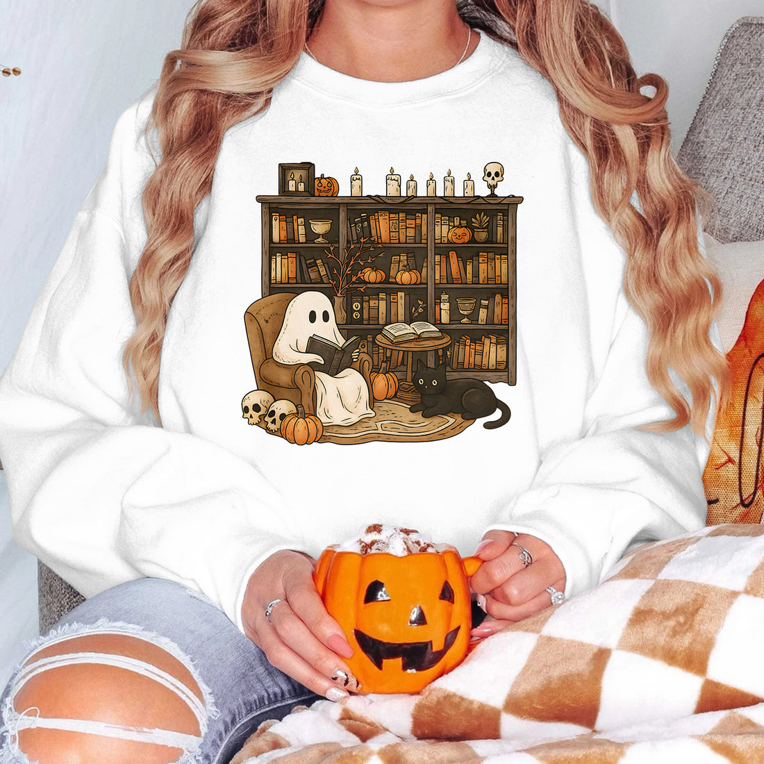 Bikergod Retro Boo Reading Books Sweatshirt 2D Sizes S - 5XL Librarian Halloween Shirt, Read In Peace, Teacher Fall Ghost, Boo School Skeleton Gift, Ghost Teacher LN100725SW24