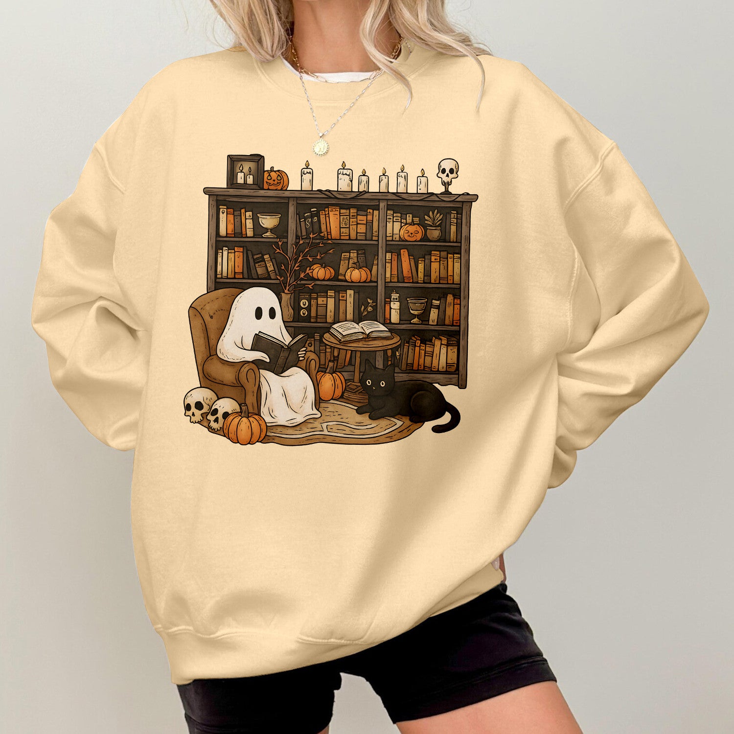 Bikergod Retro Boo Reading Books Sweatshirt 2D Sizes S - 5XL Librarian Halloween Shirt, Read In Peace, Teacher Fall Ghost, Boo School Skeleton Gift, Ghost Teacher LN100725SW24