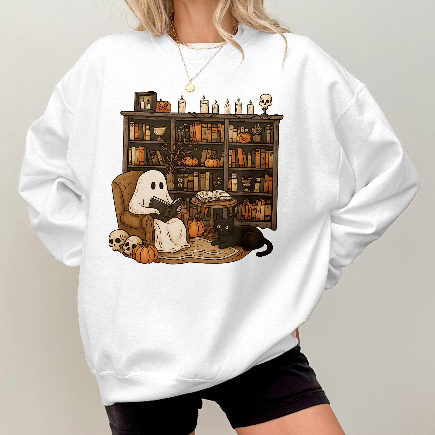 Bikergod Retro Boo Reading Books Sweatshirt 2D Sizes S - 5XL Librarian Halloween Shirt, Read In Peace, Teacher Fall Ghost, Boo School Skeleton Gift, Ghost Teacher LN100725SW24