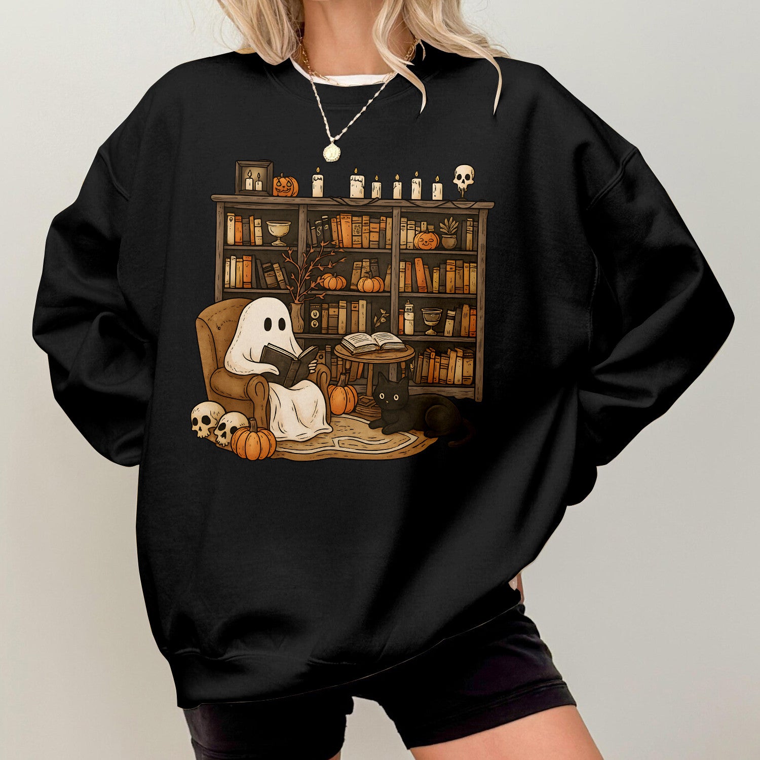 Bikergod Retro Boo Reading Books Sweatshirt 2D Sizes S - 5XL Librarian Halloween Shirt, Read In Peace, Teacher Fall Ghost, Boo School Skeleton Gift, Ghost Teacher LN100725SW24