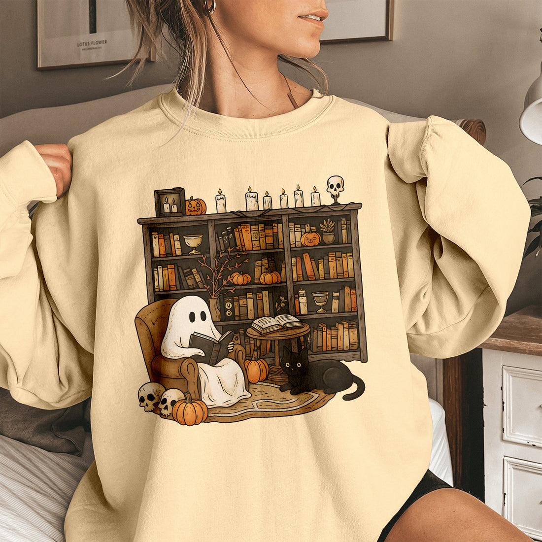 Bikergod Retro Boo Reading Books Sweatshirt 2D Sizes S - 5XL Librarian Halloween Shirt, Read In Peace, Teacher Fall Ghost, Boo School Skeleton Gift, Ghost Teacher LN100725SW24