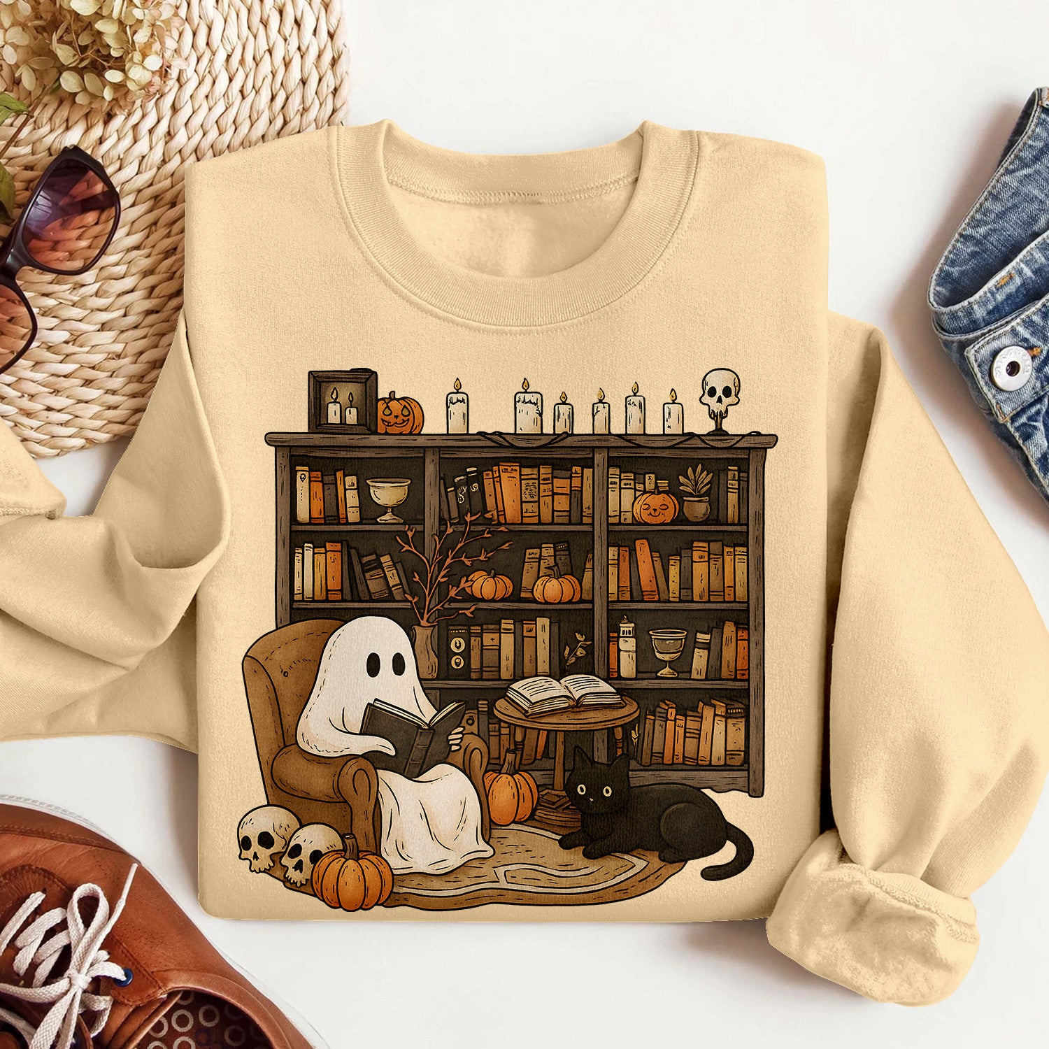 Bikergod Retro Boo Reading Books Sweatshirt 2D Sizes S - 5XL Librarian Halloween Shirt, Read In Peace, Teacher Fall Ghost, Boo School Skeleton Gift, Ghost Teacher LN100725SW24