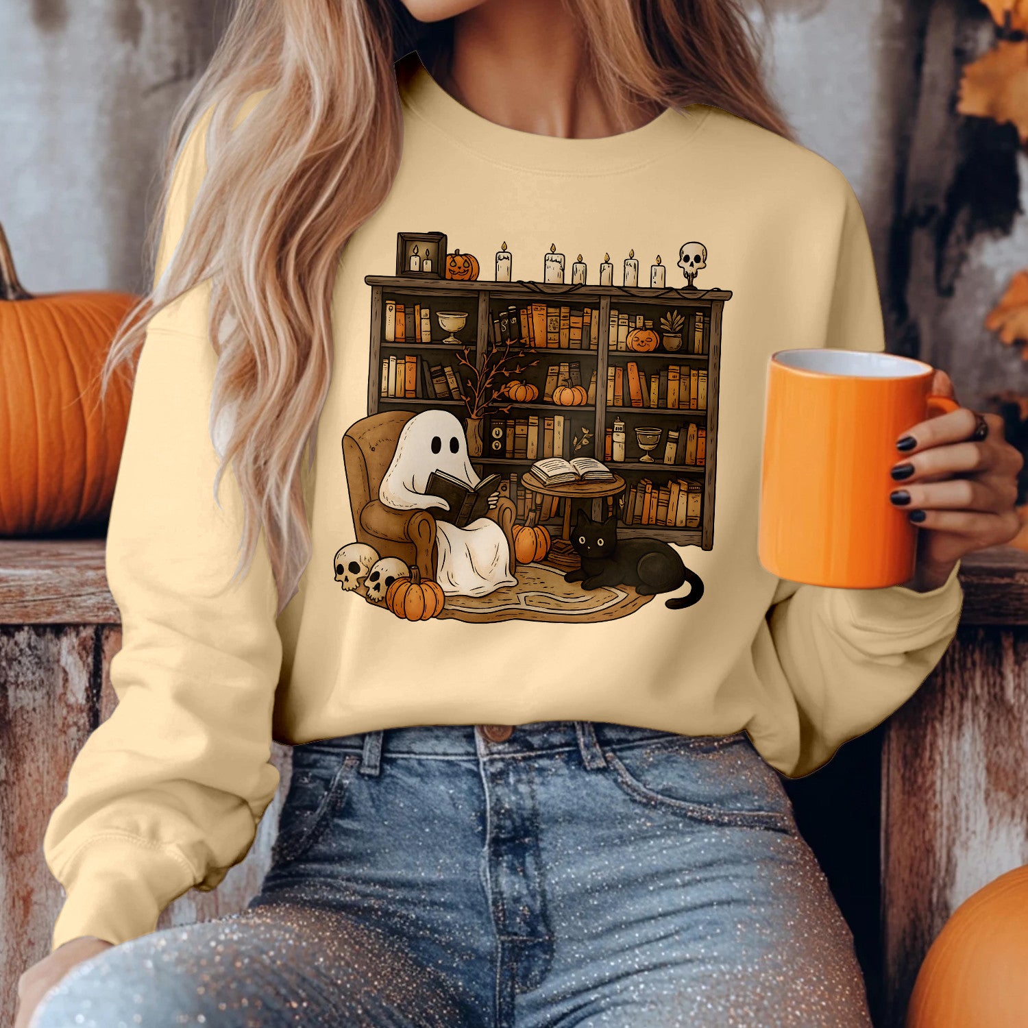 Bikergod Retro Boo Reading Books Sweatshirt 2D Sizes S - 5XL Librarian Halloween Shirt, Read In Peace, Teacher Fall Ghost, Boo School Skeleton Gift, Ghost Teacher LN100725SW24