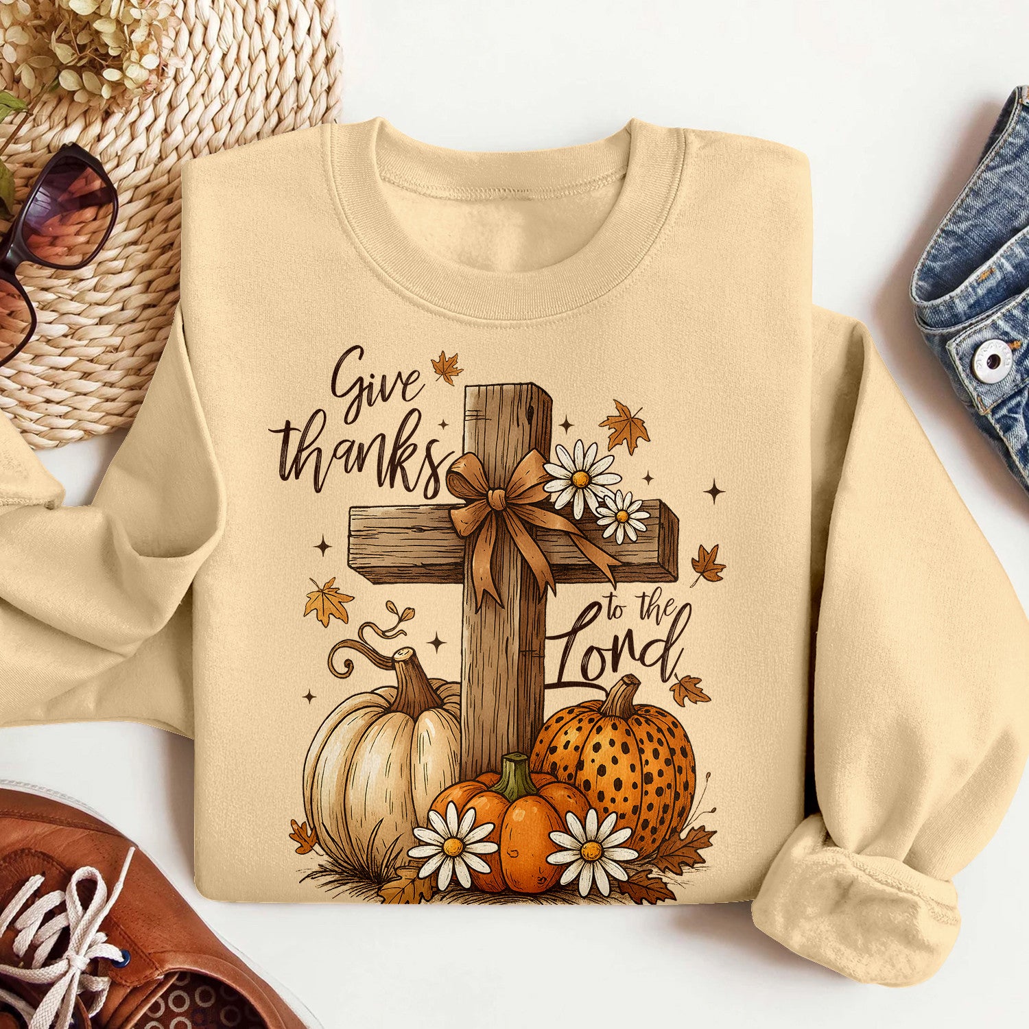 Bikergod Give Thanks To The Lord Sweatshirt 2D Sizes S - 5XL Floral Fall Sweatshirt ,Autumn Vibes Sweatshirt, Christian Fall Coquette, Pumpkin Spice Hoodie LN100725SW25
