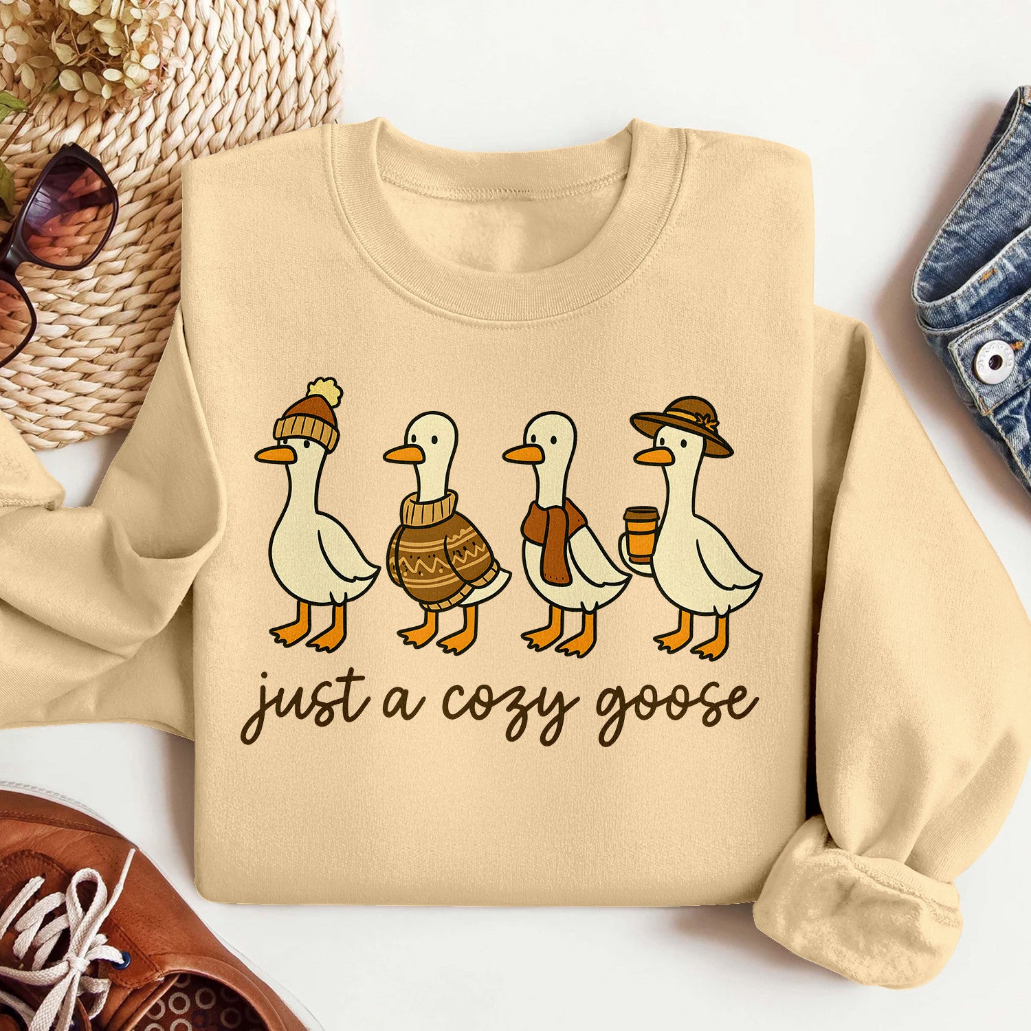 Bikergod Just A Cozy Goose Sweatshirt 2D Sizes S - 5XL Halloween Silly Goose Fall Shirt, Thanksgiving Hoodie, Fall Season Crewneck LN100725SW28