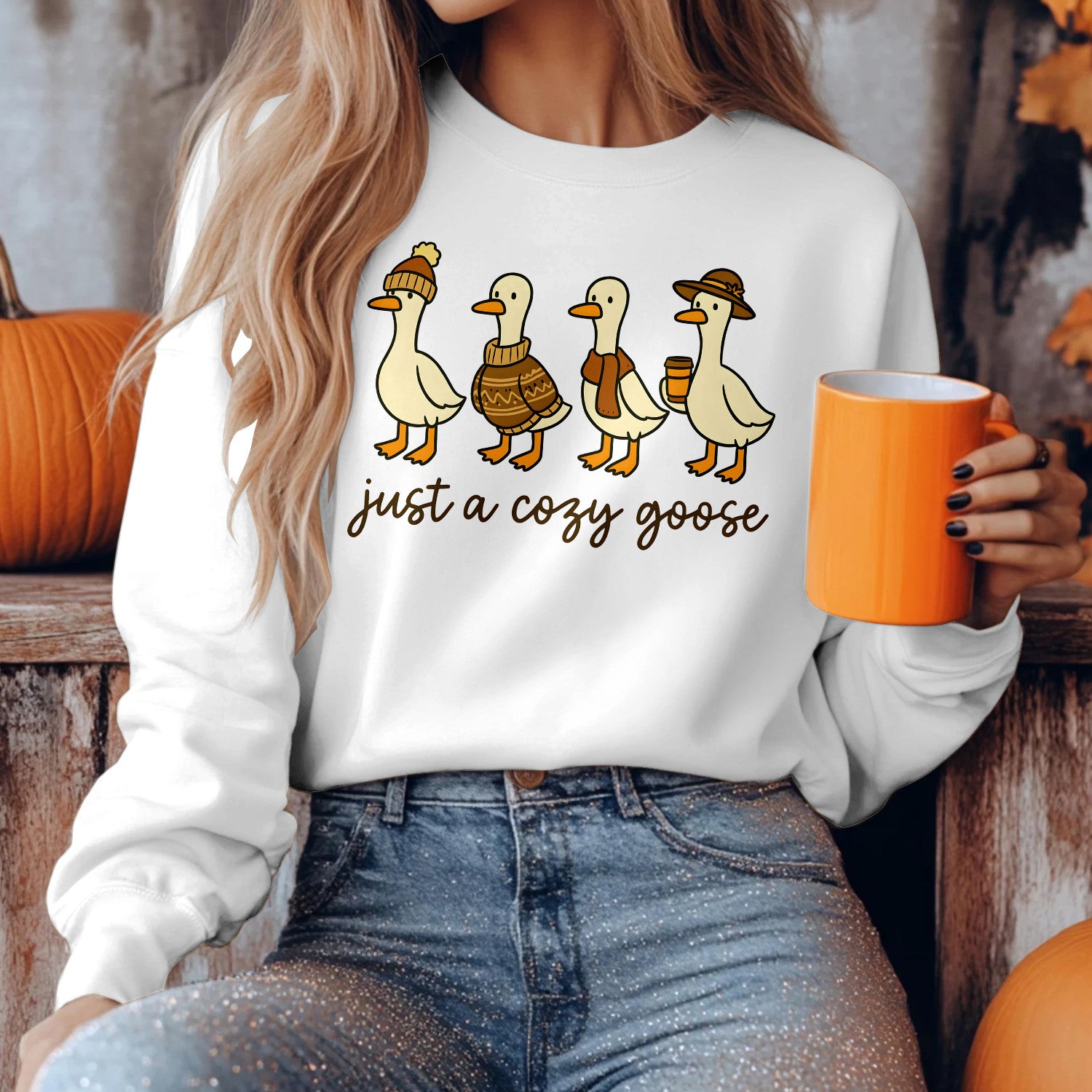 Bikergod Just A Cozy Goose Sweatshirt 2D Sizes S - 5XL Halloween Silly Goose Fall Shirt, Thanksgiving Hoodie, Fall Season Crewneck LN100725SW28
