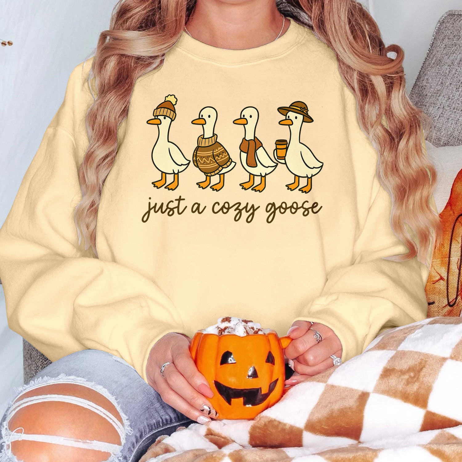Bikergod Just A Cozy Goose Sweatshirt 2D Sizes S - 5XL Halloween Silly Goose Fall Shirt, Thanksgiving Hoodie, Fall Season Crewneck LN100725SW28