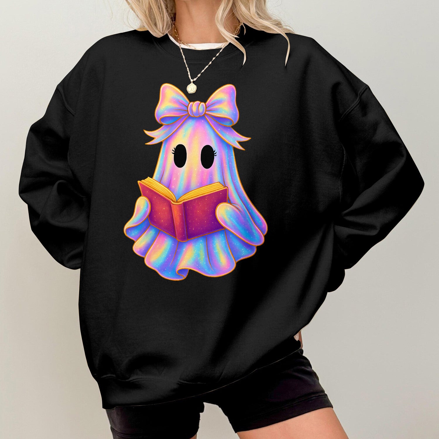 Bikergod Cute Ghost Reading Book Sweatshirt 2D Sizes S - 5XL Halloween Ghost Fall Shirt, Gift For Women Men, Fall Season Crewneck TLDH74