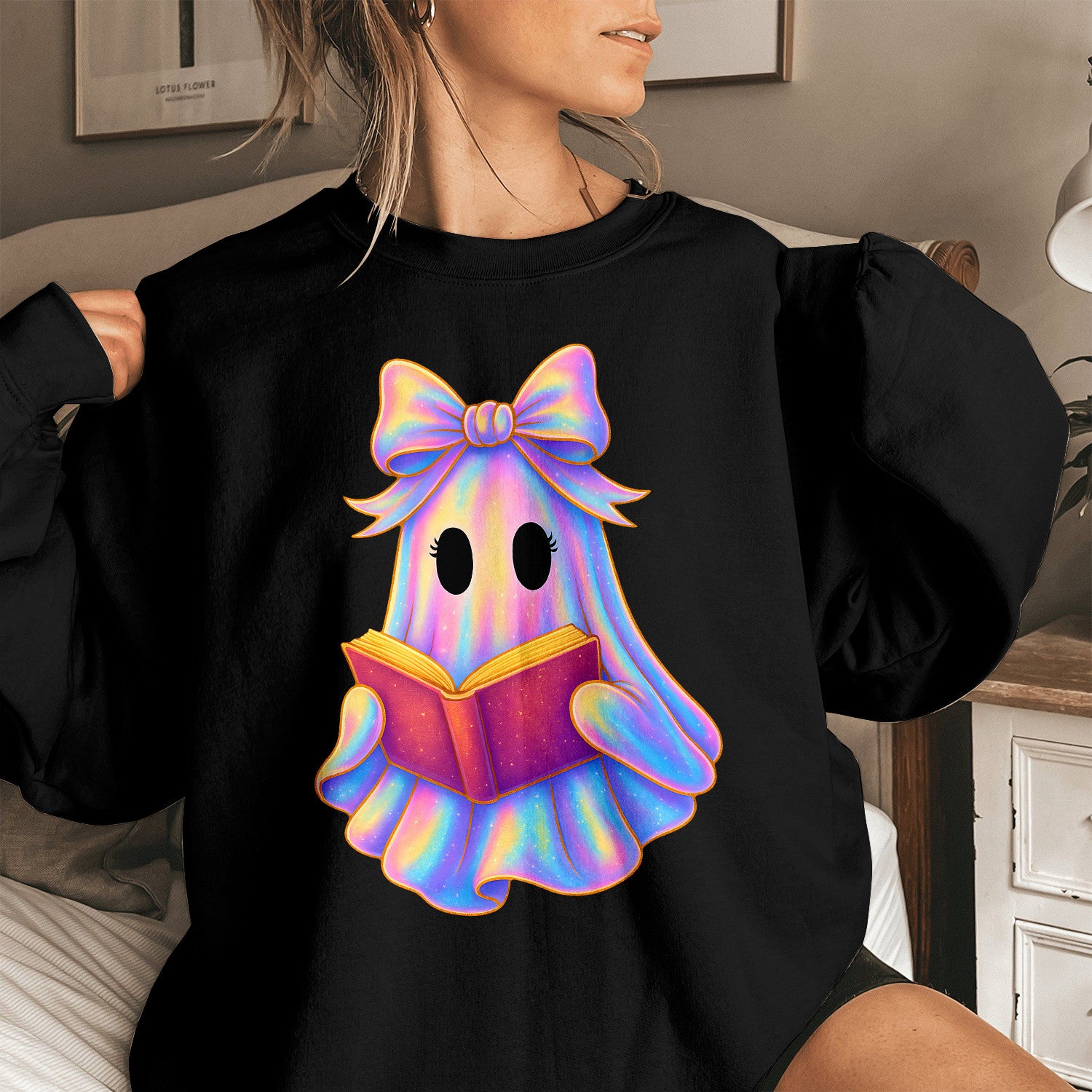 Bikergod Cute Ghost Reading Book Sweatshirt 2D Sizes S - 5XL Halloween Ghost Fall Shirt, Gift For Women Men, Fall Season Crewneck TLDH74