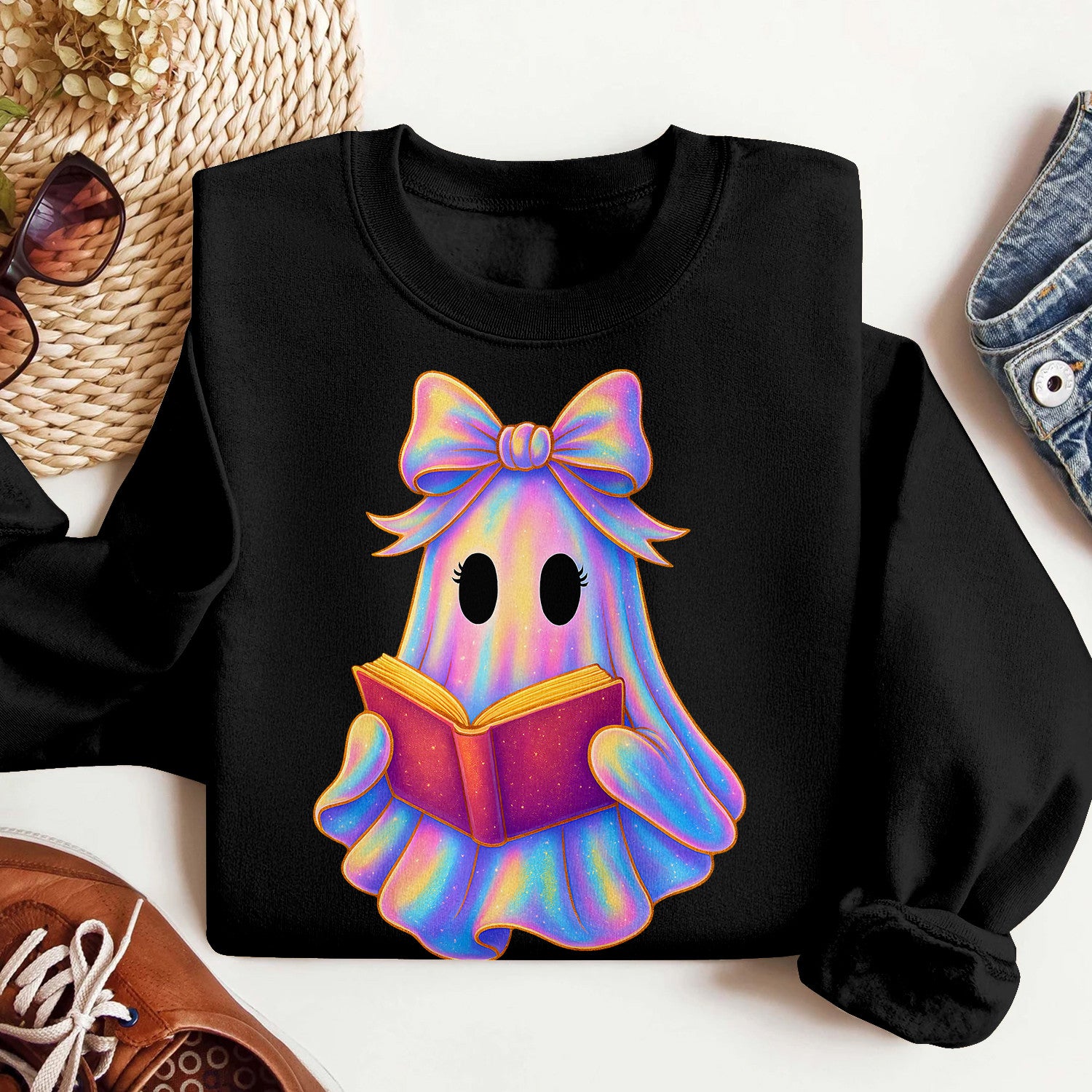 Bikergod Cute Ghost Reading Book Sweatshirt 2D Sizes S - 5XL Halloween Ghost Fall Shirt, Gift For Women Men, Fall Season Crewneck TLDH74