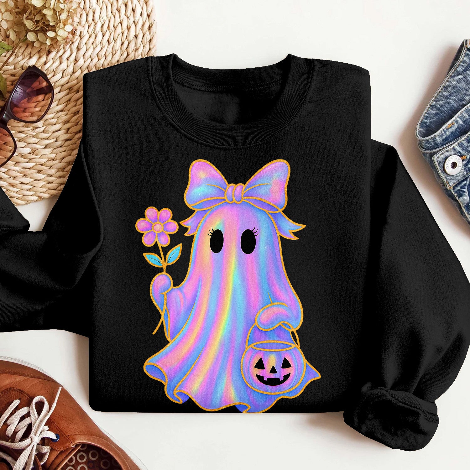 Bikergod Cute Ghost Spooky Season Sweatshirt 2D Sizes S - 5XL Halloween Ghost Fall Shirt, Gift For Women Men, Fall Season Crewneck TLDH75