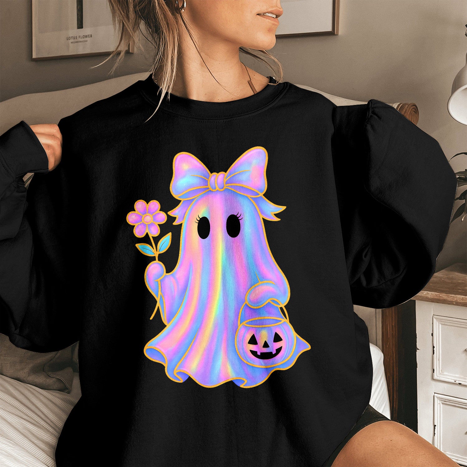 Bikergod Cute Ghost Spooky Season Sweatshirt 2D Sizes S - 5XL Halloween Ghost Fall Shirt, Gift For Women Men, Fall Season Crewneck TLDH75