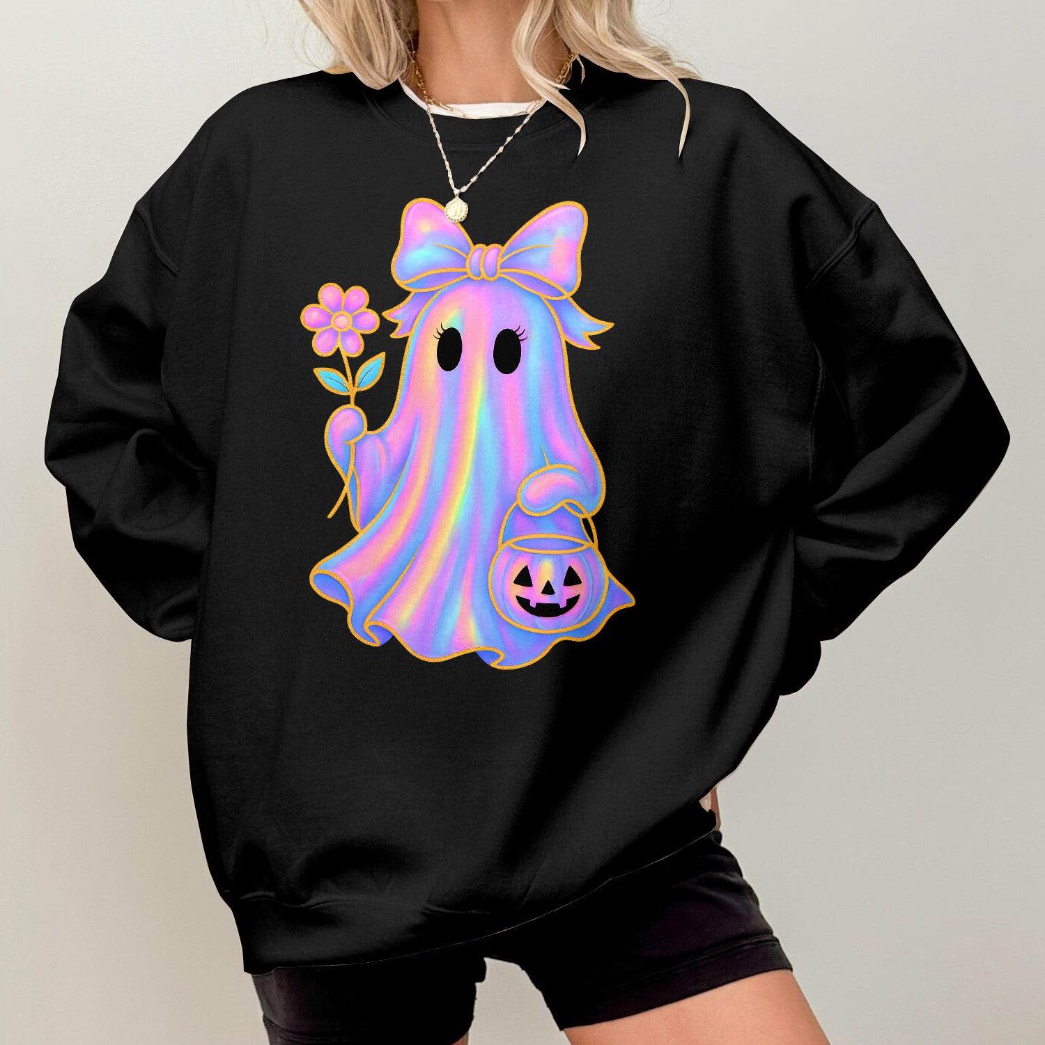 Bikergod Cute Ghost Spooky Season Sweatshirt 2D Sizes S - 5XL Halloween Ghost Fall Shirt, Gift For Women Men, Fall Season Crewneck TLDH75