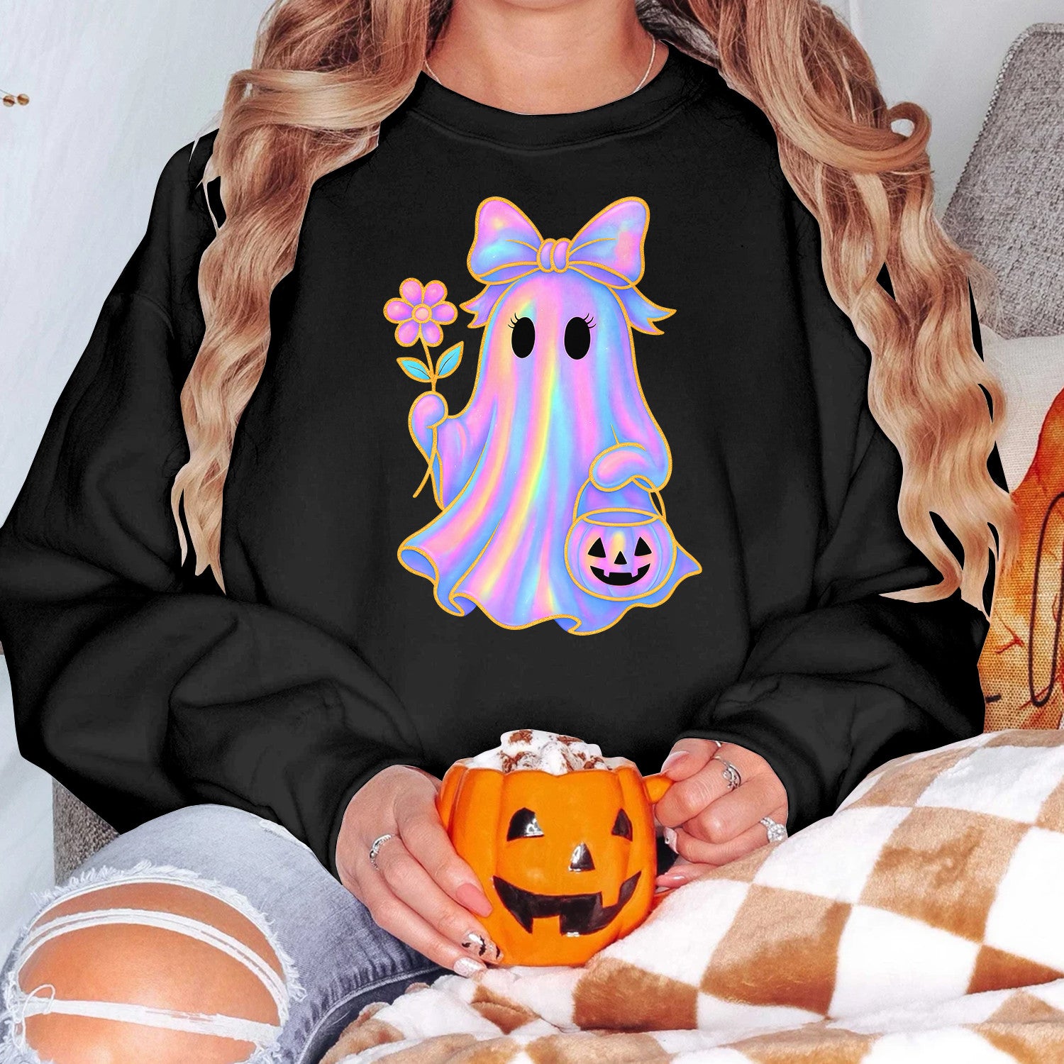 Bikergod Cute Ghost Spooky Season Sweatshirt 2D Sizes S - 5XL Halloween Ghost Fall Shirt, Gift For Women Men, Fall Season Crewneck TLDH75