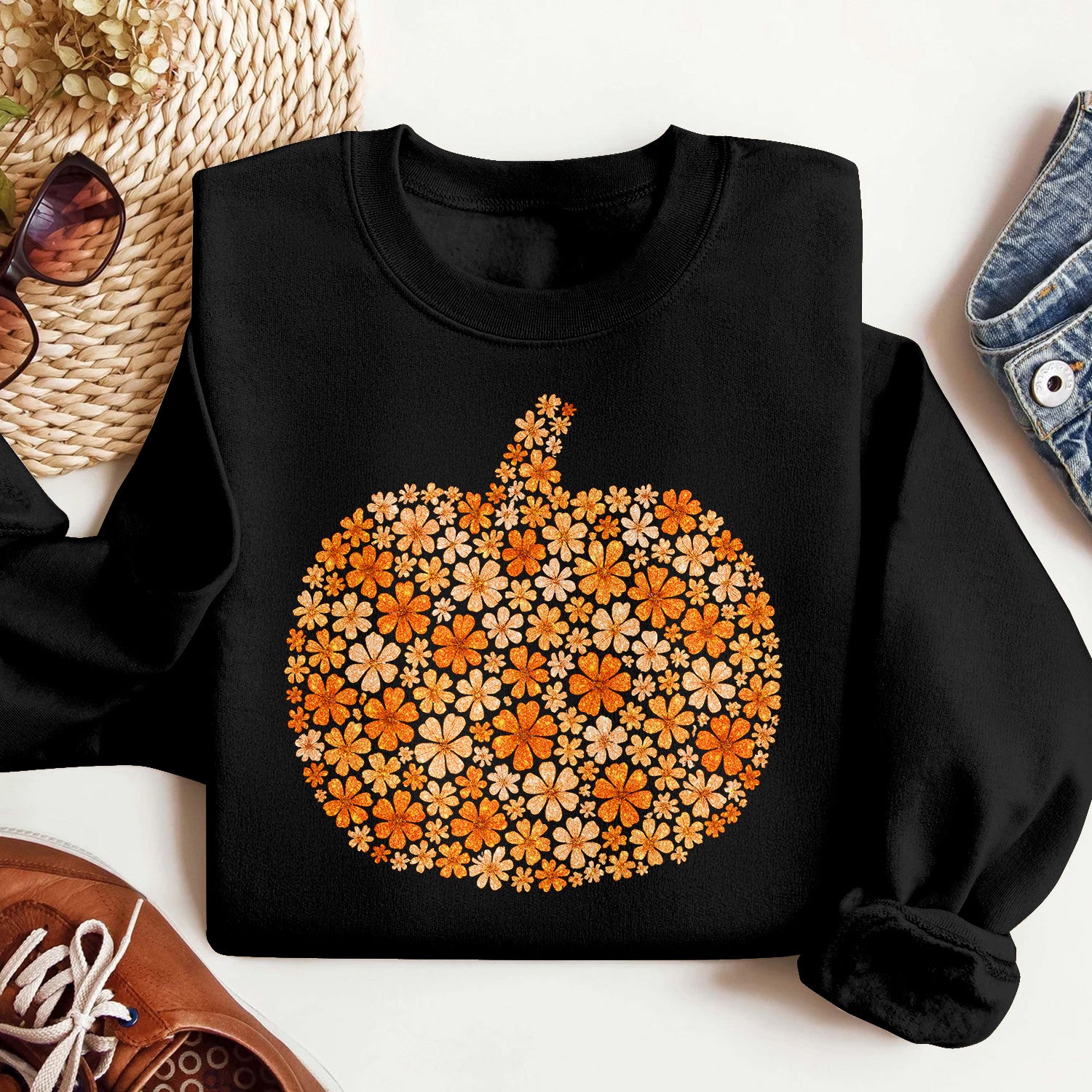 Bikergod Flower Pumpkin Sweatshirt 2D Sizes S - 5XL Halloween Autumn Fall Shirt, Gift For Women Men, Funny Thanksgiving Crewneck TLDH80