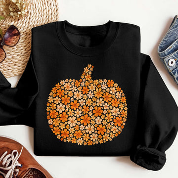 Bikergod Flower Pumpkin Sweatshirt 2D Sizes S - 5XL Halloween Autumn Fall Shirt, Gift For Women Men, Funny Thanksgiving Crewneck TLDH80