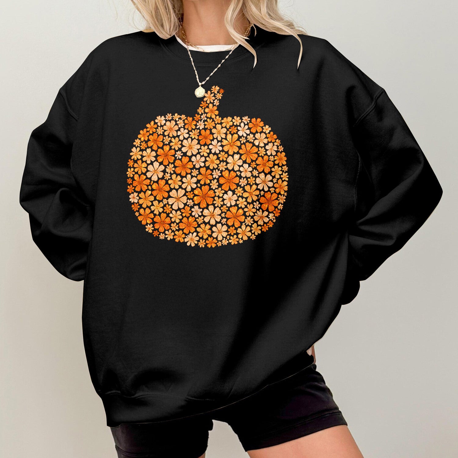 Bikergod Flower Pumpkin Sweatshirt 2D Sizes S - 5XL Halloween Autumn Fall Shirt, Gift For Women Men, Funny Thanksgiving Crewneck TLDH80