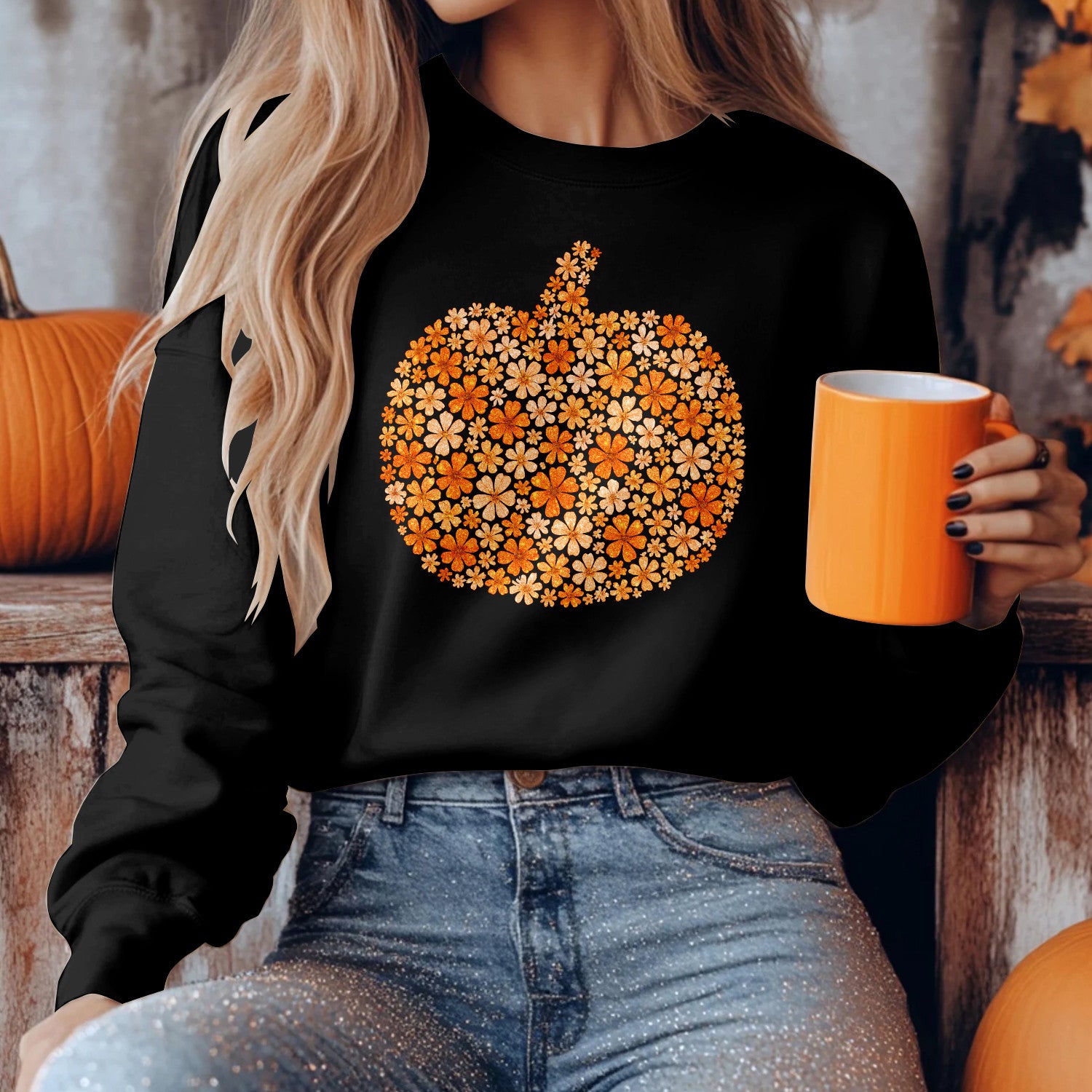 Bikergod Flower Pumpkin Sweatshirt 2D Sizes S - 5XL Halloween Autumn Fall Shirt, Gift For Women Men, Funny Thanksgiving Crewneck TLDH80