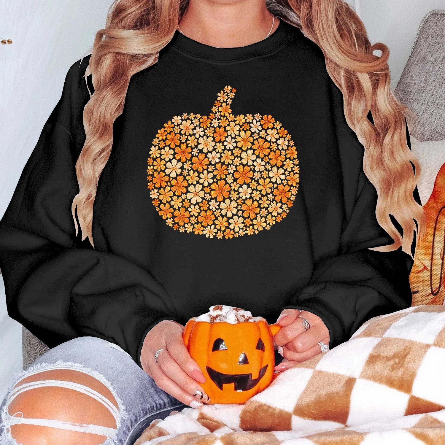 Bikergod Flower Pumpkin Sweatshirt 2D Sizes S - 5XL Halloween Autumn Fall Shirt, Gift For Women Men, Funny Thanksgiving Crewneck TLDH80