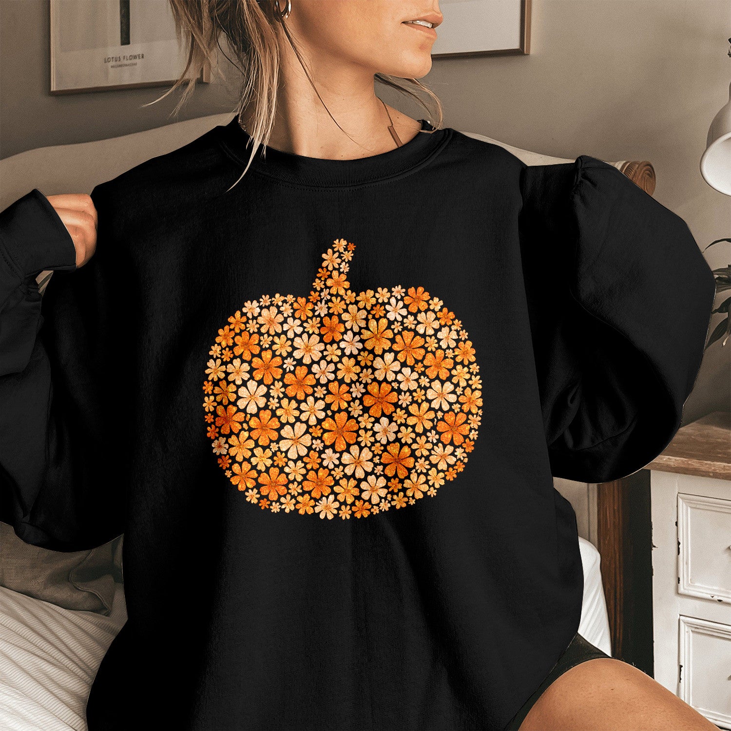 Bikergod Flower Pumpkin Sweatshirt 2D Sizes S - 5XL Halloween Autumn Fall Shirt, Gift For Women Men, Funny Thanksgiving Crewneck TLDH80