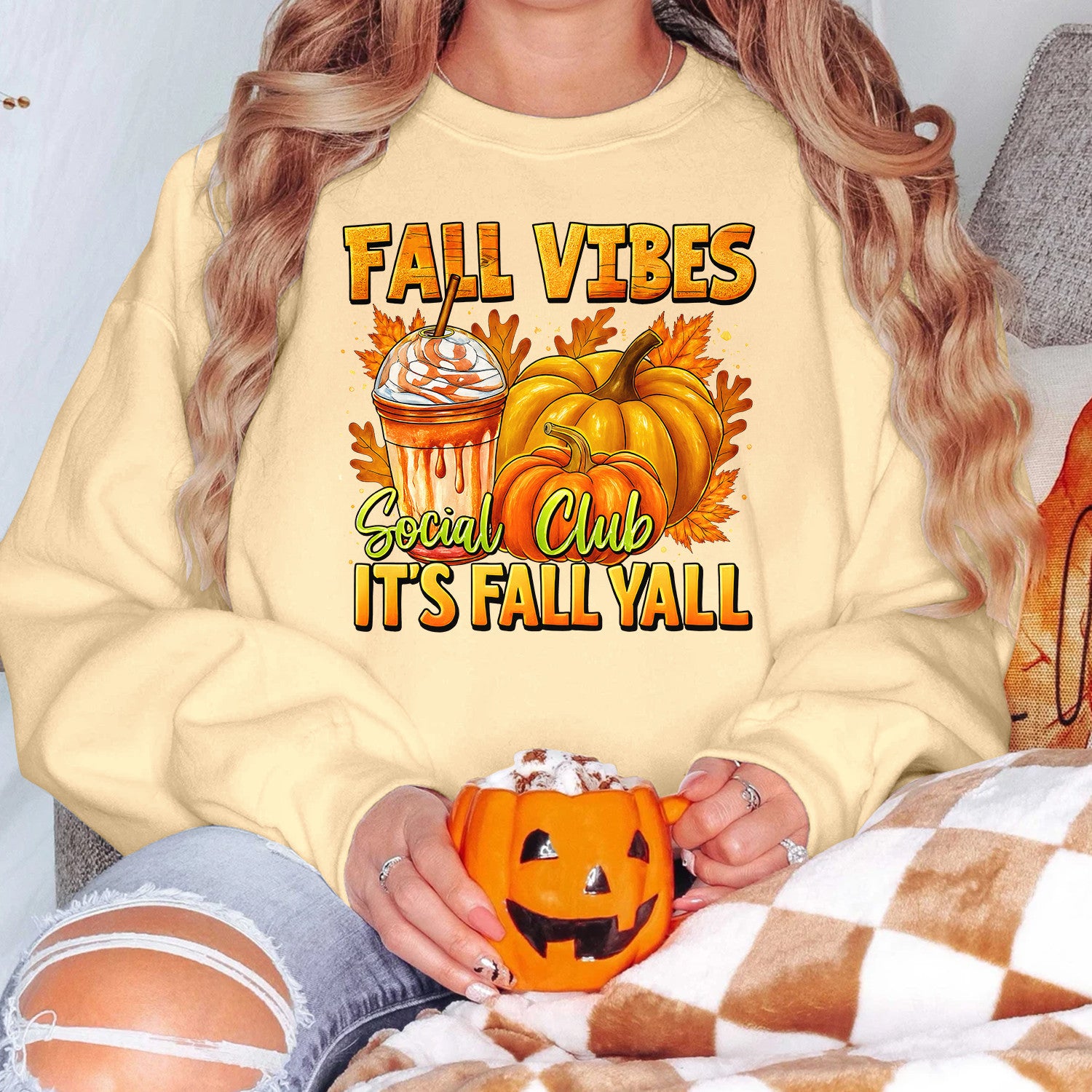 Bikergod Fall Vibes Social Club Sweatshirt 2D Sizes S - 5XL Fall Vibes Crewneck, Bow Pumpkin Shirt, Autumn Season Sweatshirt, Thanksgiving Gift, Seasonal Sweatshirt TLDH90