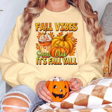 Bikergod Fall Vibes Social Club Sweatshirt 2D Sizes S - 5XL Fall Vibes Crewneck, Bow Pumpkin Shirt, Autumn Season Sweatshirt, Thanksgiving Gift, Seasonal Sweatshirt TLDH90
