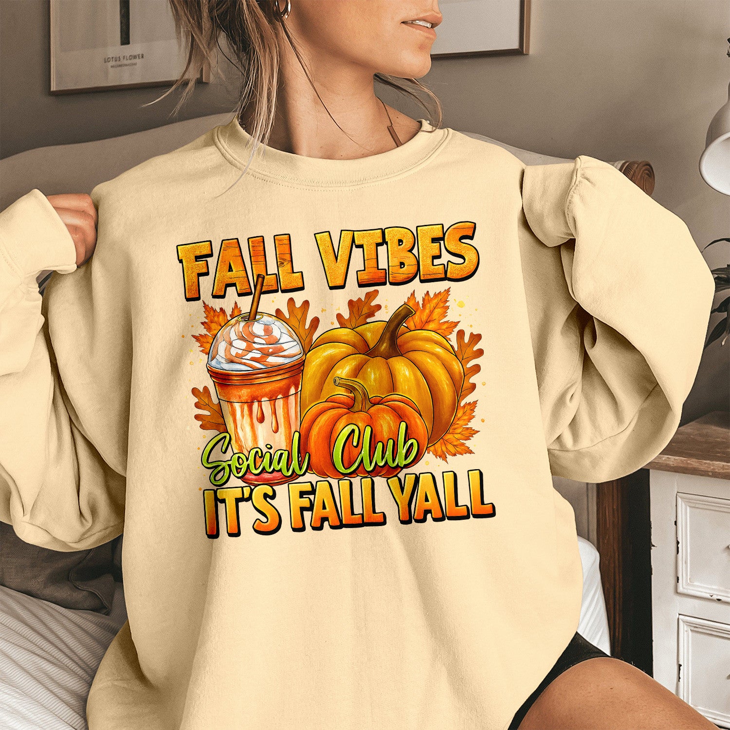 Bikergod Fall Vibes Social Club Sweatshirt 2D Sizes S - 5XL Fall Vibes Crewneck, Bow Pumpkin Shirt, Autumn Season Sweatshirt, Thanksgiving Gift, Seasonal Sweatshirt TLDH90