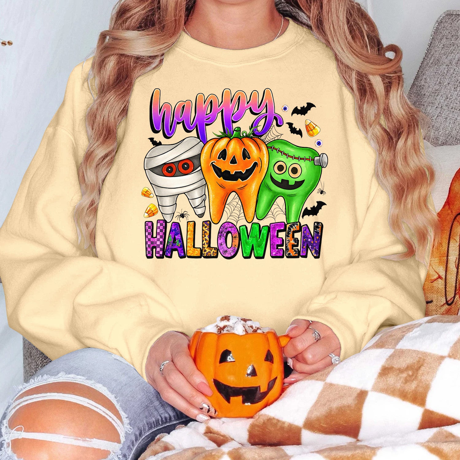 Bikergod Funny Halloween Teeth Sweatshirt 2D Sizes S - 5XL Spooky Halloween Dentist Sweatshirt, Dental Squad Sweatshirt, Trick or Teeth Hoodie, Pumpkin Dentist Hoody TLDH91