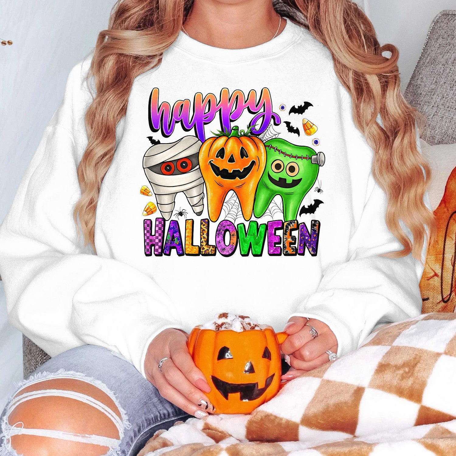 Bikergod Funny Halloween Teeth Sweatshirt 2D Sizes S - 5XL Spooky Halloween Dentist Sweatshirt, Dental Squad Sweatshirt, Trick or Teeth Hoodie, Pumpkin Dentist Hoody TLDH91