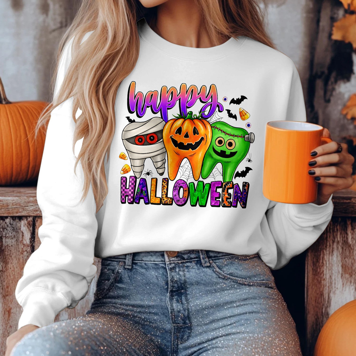 Bikergod Funny Halloween Teeth Sweatshirt 2D Sizes S - 5XL Spooky Halloween Dentist Sweatshirt, Dental Squad Sweatshirt, Trick or Teeth Hoodie, Pumpkin Dentist Hoody TLDH91