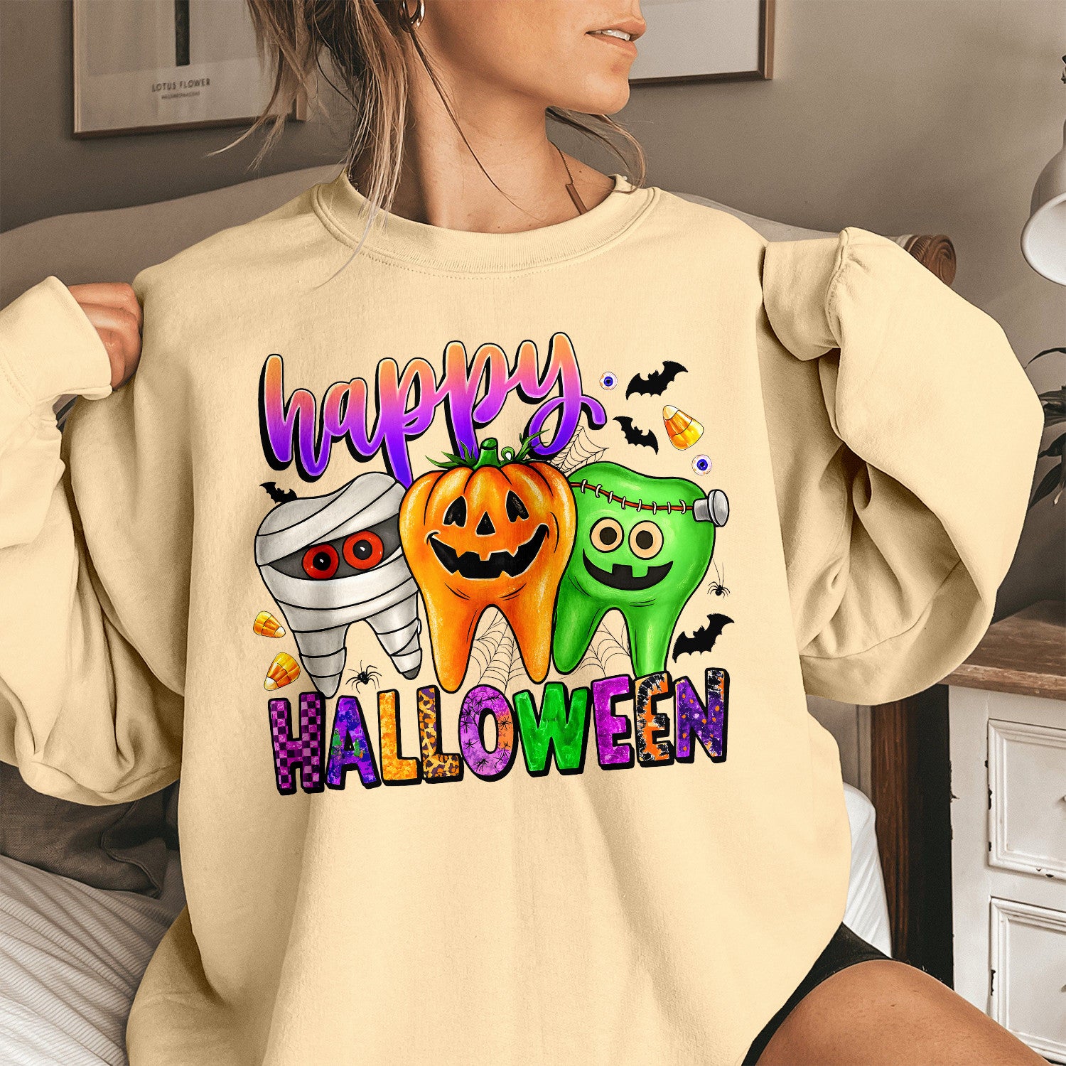 Bikergod Funny Halloween Teeth Sweatshirt 2D Sizes S - 5XL Spooky Halloween Dentist Sweatshirt, Dental Squad Sweatshirt, Trick or Teeth Hoodie, Pumpkin Dentist Hoody TLDH91