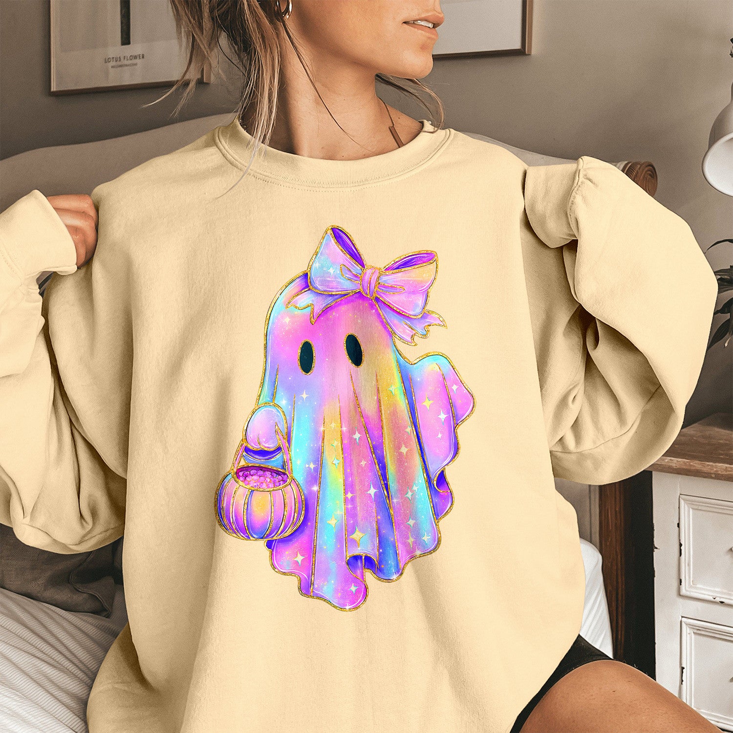 Bikergod Ghost Carrying Pumpkin Sweatshirt 2D Sizes S - 5XL Halloween Autumn Fall Shirt, Gift For Women Men, Funny Thanksgiving Crewneck TLDH94