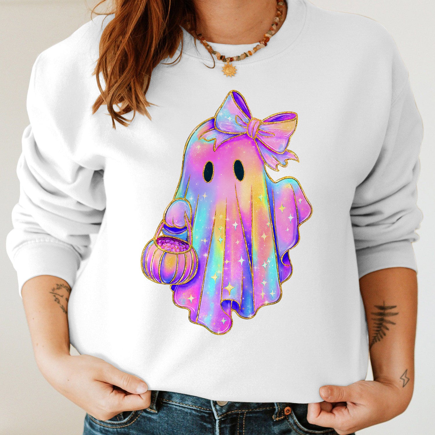 Bikergod Ghost Carrying Pumpkin Sweatshirt 2D Sizes S - 5XL Halloween Autumn Fall Shirt, Gift For Women Men, Funny Thanksgiving Crewneck TLDH94