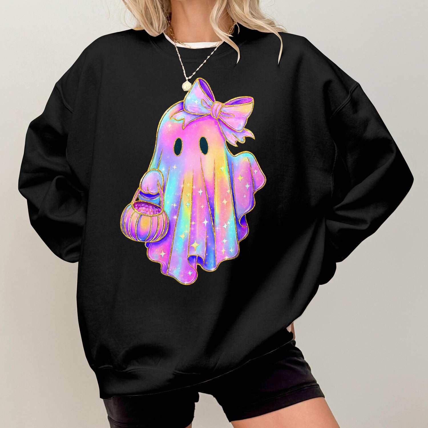 Bikergod Ghost Carrying Pumpkin Sweatshirt 2D Sizes S - 5XL Halloween Autumn Fall Shirt, Gift For Women Men, Funny Thanksgiving Crewneck TLDH94