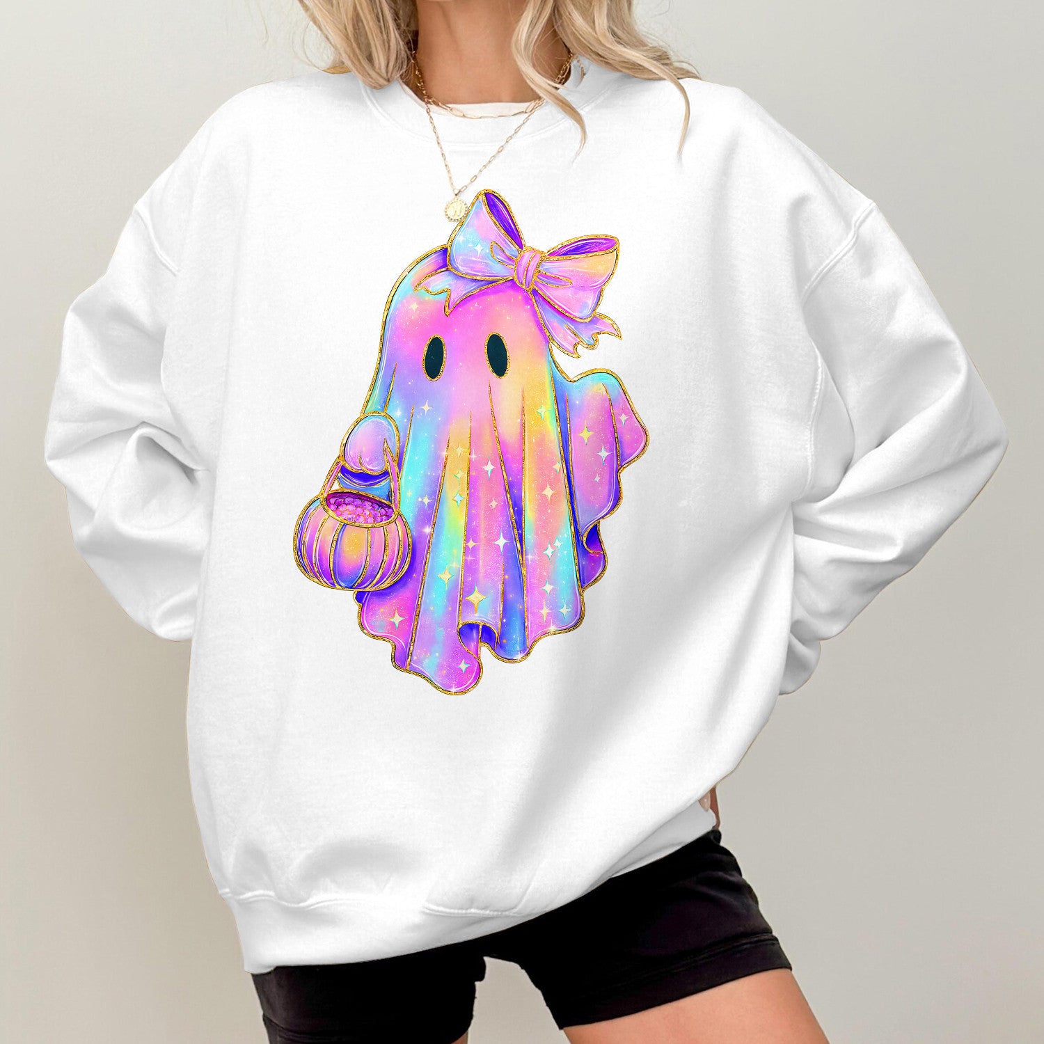 Bikergod Ghost Carrying Pumpkin Sweatshirt 2D Sizes S - 5XL Halloween Autumn Fall Shirt, Gift For Women Men, Funny Thanksgiving Crewneck TLDH94