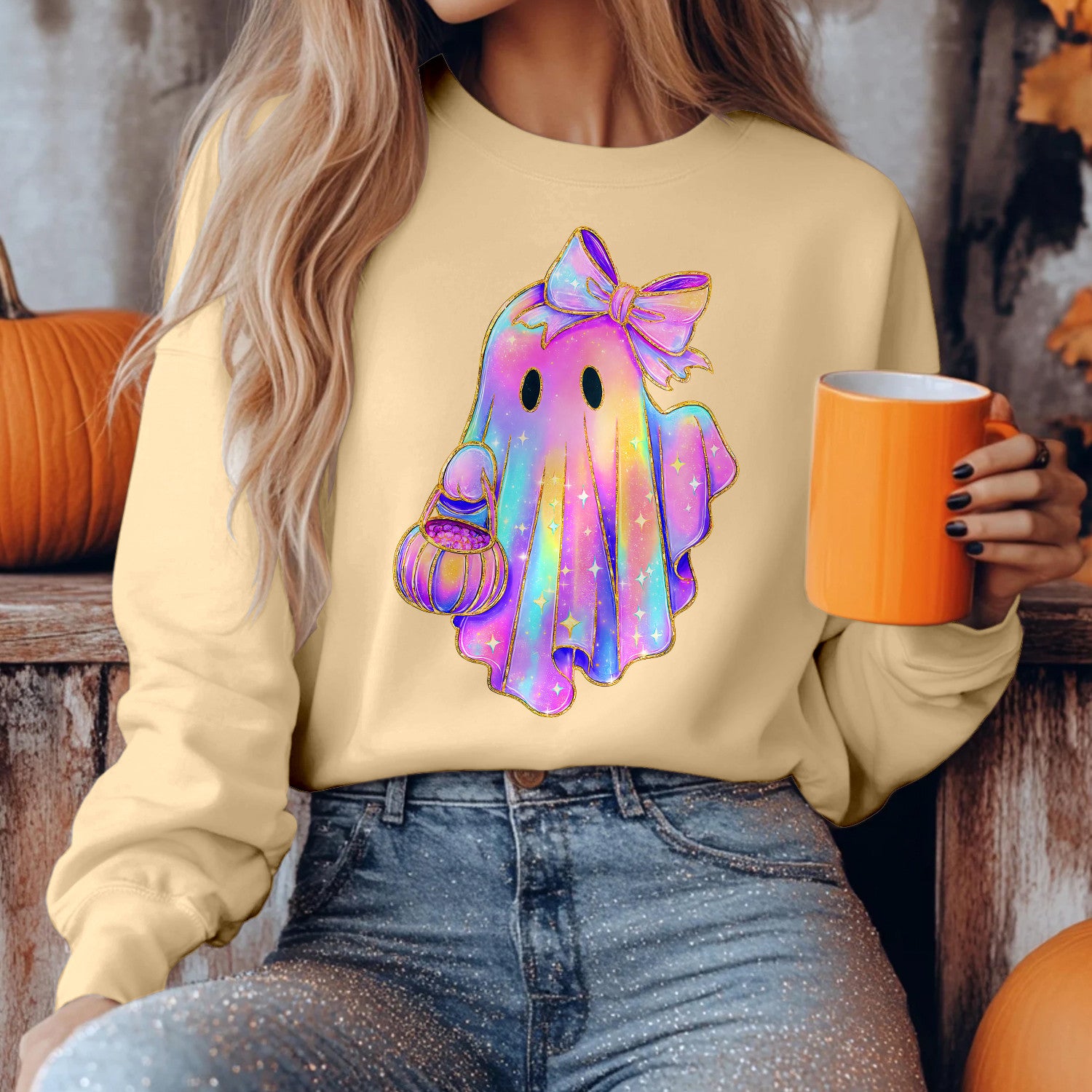 Bikergod Ghost Carrying Pumpkin Sweatshirt 2D Sizes S - 5XL Halloween Autumn Fall Shirt, Gift For Women Men, Funny Thanksgiving Crewneck TLDH94