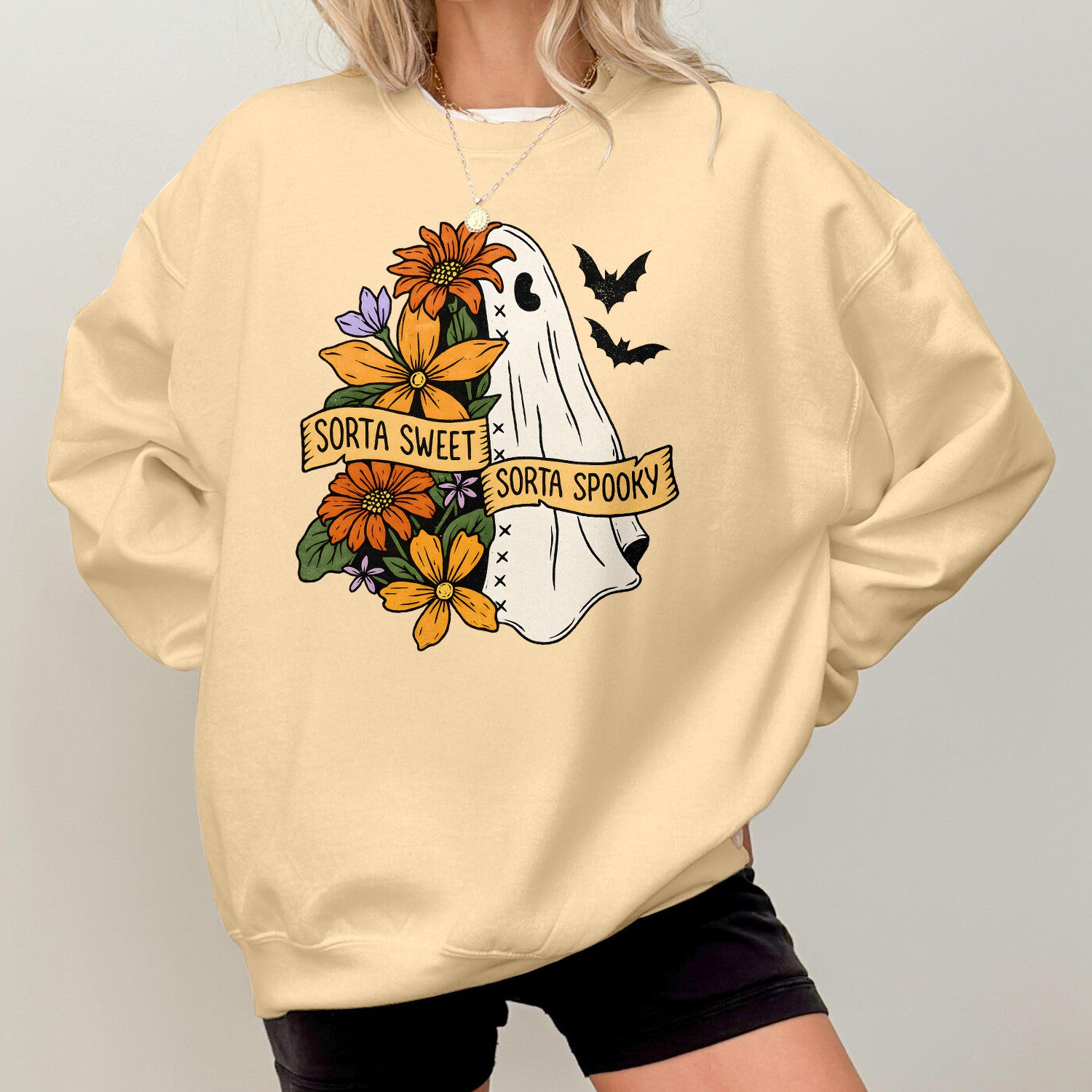 Bikergod Sorta Sweet Sorta Spooky Sweatshirt 2D Sizes S - 5XL Fall Halloween Ghost Sweatshirt, Boo Sweatshirt, Trick or Teeth Hoodie, Pumpkin Hoody TLDH106