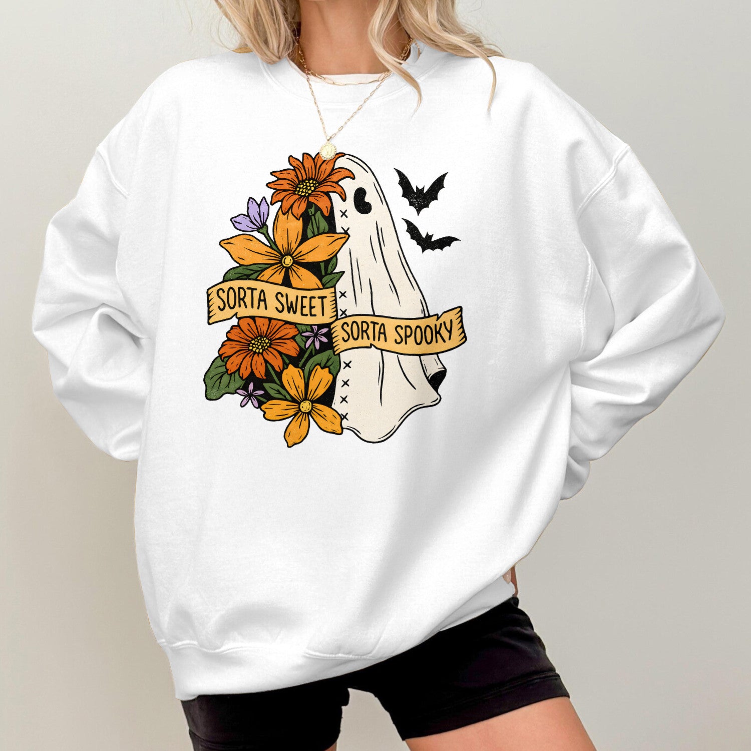 Bikergod Sorta Sweet Sorta Spooky Sweatshirt 2D Sizes S - 5XL Fall Halloween Ghost Sweatshirt, Boo Sweatshirt, Trick or Teeth Hoodie, Pumpkin Hoody TLDH106