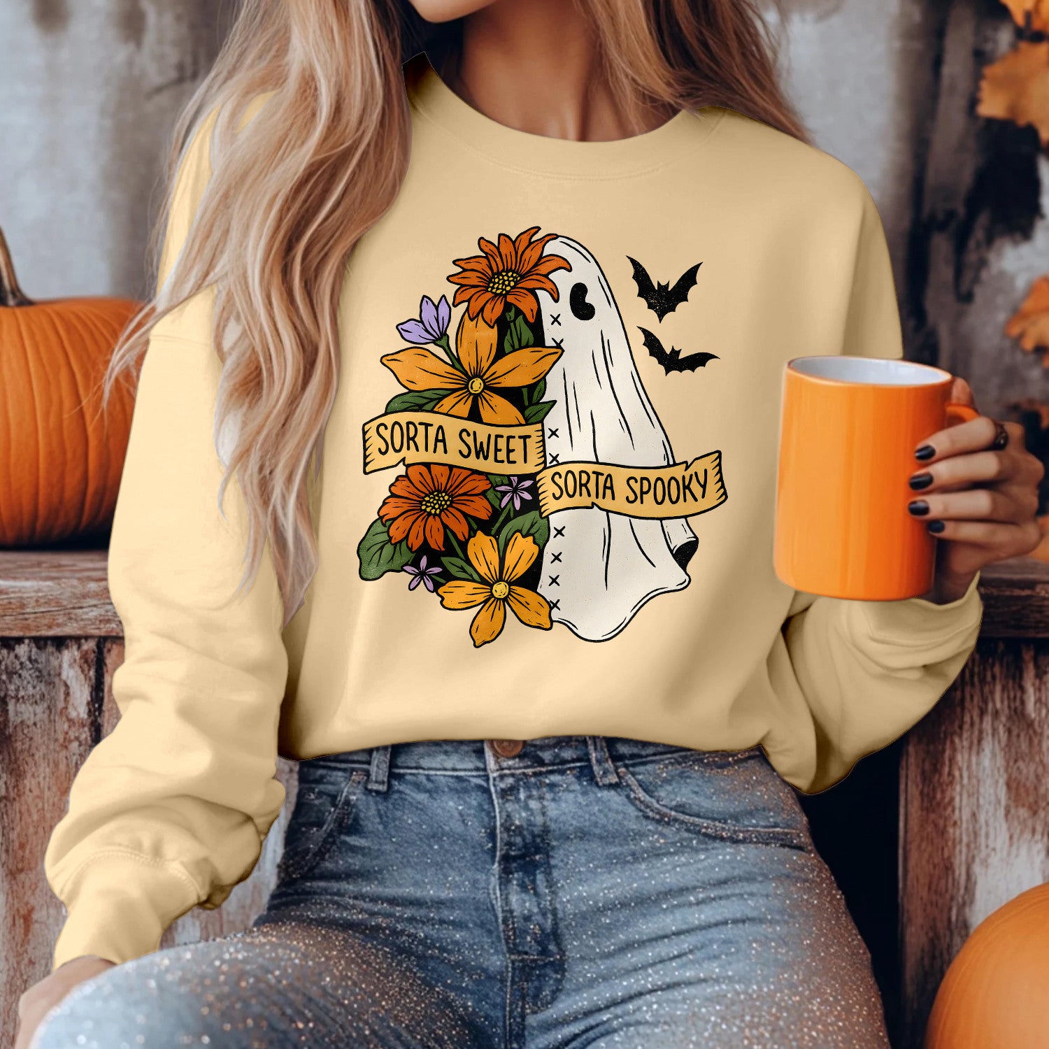 Bikergod Sorta Sweet Sorta Spooky Sweatshirt 2D Sizes S - 5XL Fall Halloween Ghost Sweatshirt, Boo Sweatshirt, Trick or Teeth Hoodie, Pumpkin Hoody TLDH106