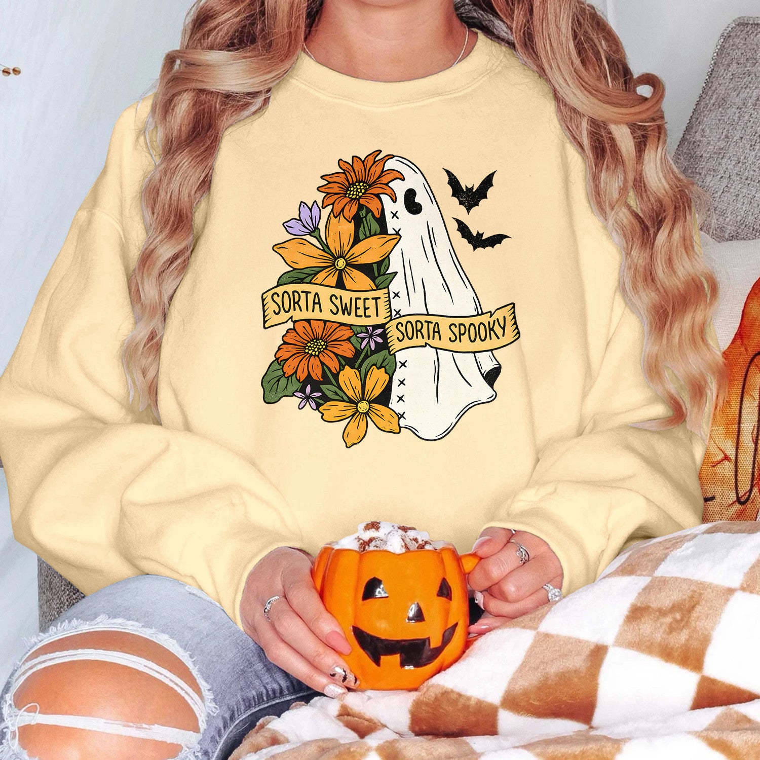 Bikergod Sorta Sweet Sorta Spooky Sweatshirt 2D Sizes S - 5XL Fall Halloween Ghost Sweatshirt, Boo Sweatshirt, Trick or Teeth Hoodie, Pumpkin Hoody TLDH106