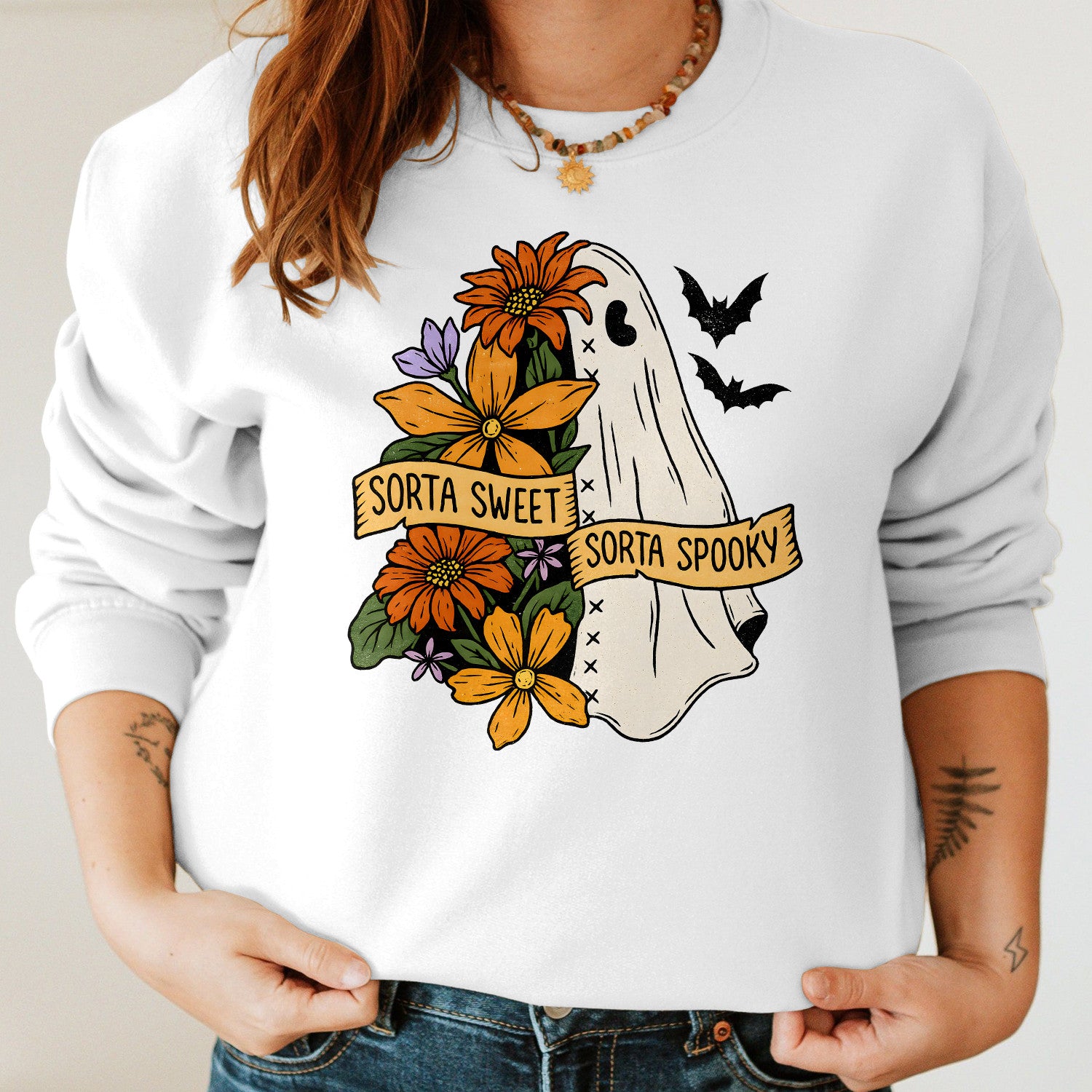 Bikergod Sorta Sweet Sorta Spooky Sweatshirt 2D Sizes S - 5XL Fall Halloween Ghost Sweatshirt, Boo Sweatshirt, Trick or Teeth Hoodie, Pumpkin Hoody TLDH106