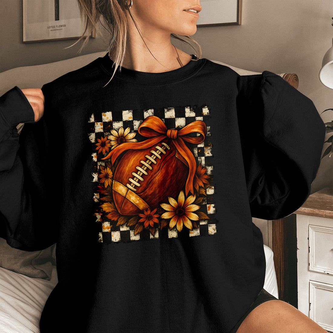 Bikergod Football Bow Sweatshirt 2D Sizes S - 5XL Halloween Autumn Fall Shirt, Gift For Footbal Lovers, Funny Thanksgiving Crewneck TLDH107