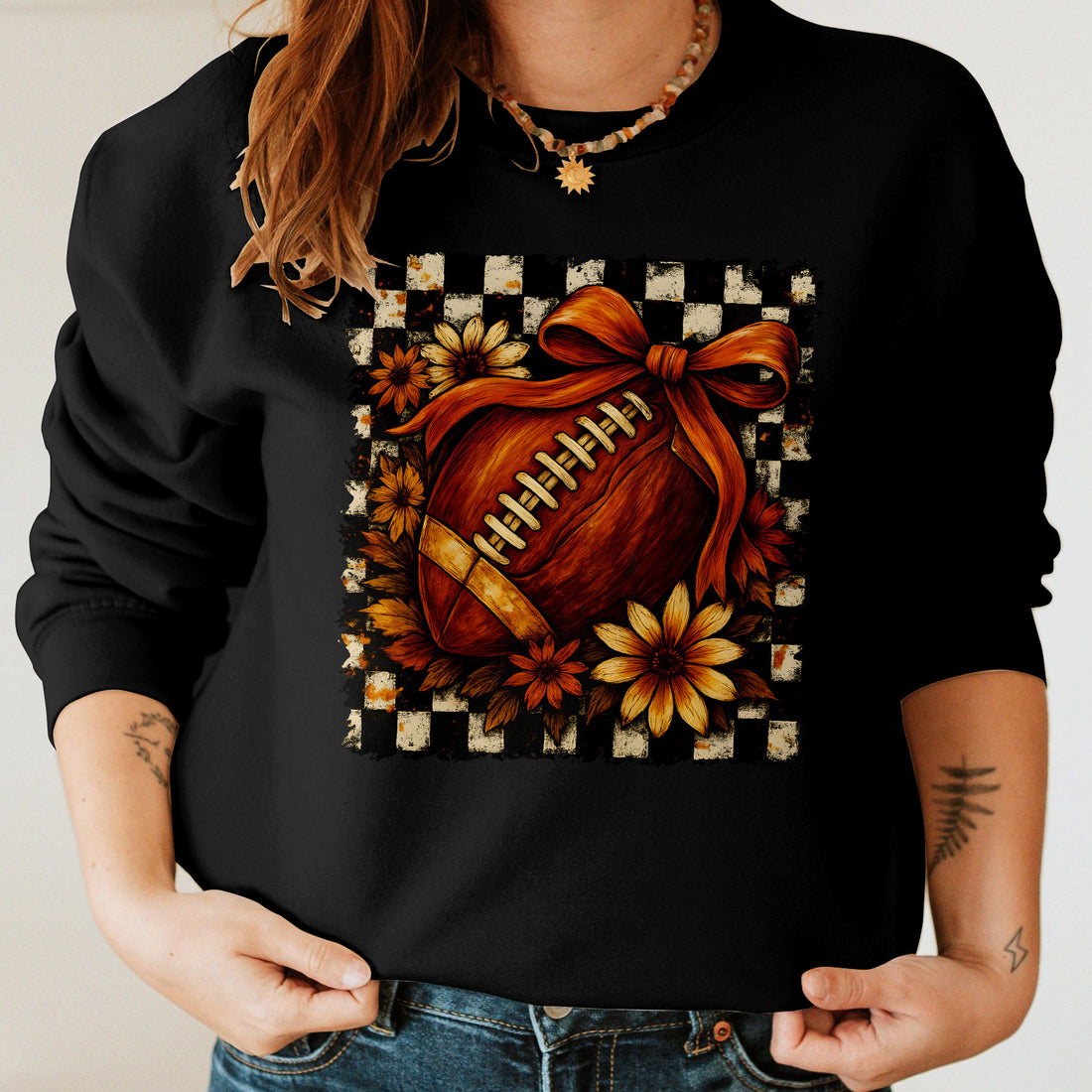 Bikergod Football Bow Sweatshirt 2D Sizes S - 5XL Halloween Autumn Fall Shirt, Gift For Footbal Lovers, Funny Thanksgiving Crewneck TLDH107