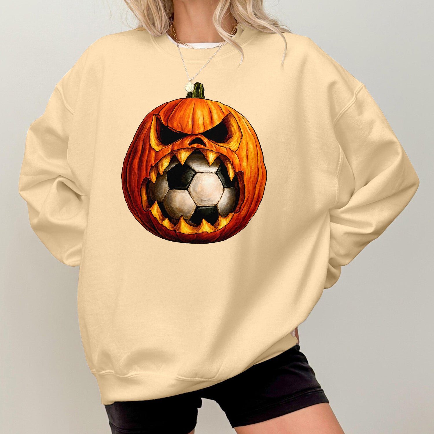 Bikergod Soccer Pumpkin Sweatshirt 2D Sizes S - 5XL Halloween Autumn Fall Shirt, Gift For Soccer Player, Funny Thanksgiving Crewneck TLDH108